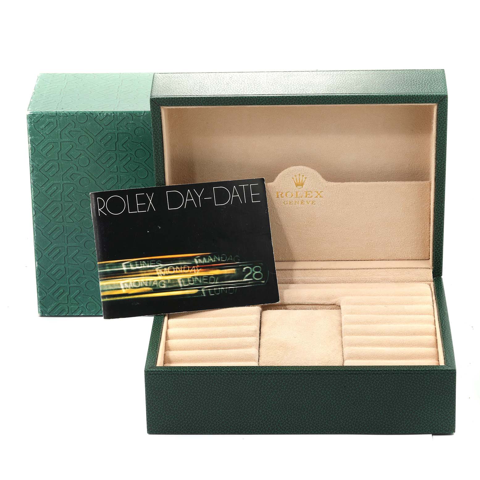 The image shows a Rolex President 18038 Men's Yellow Gold Champagne Dial 18038 Men's Yellow Gold Champagne Dial model accessories set with a green box and beige interior, including a Rolex booklet.