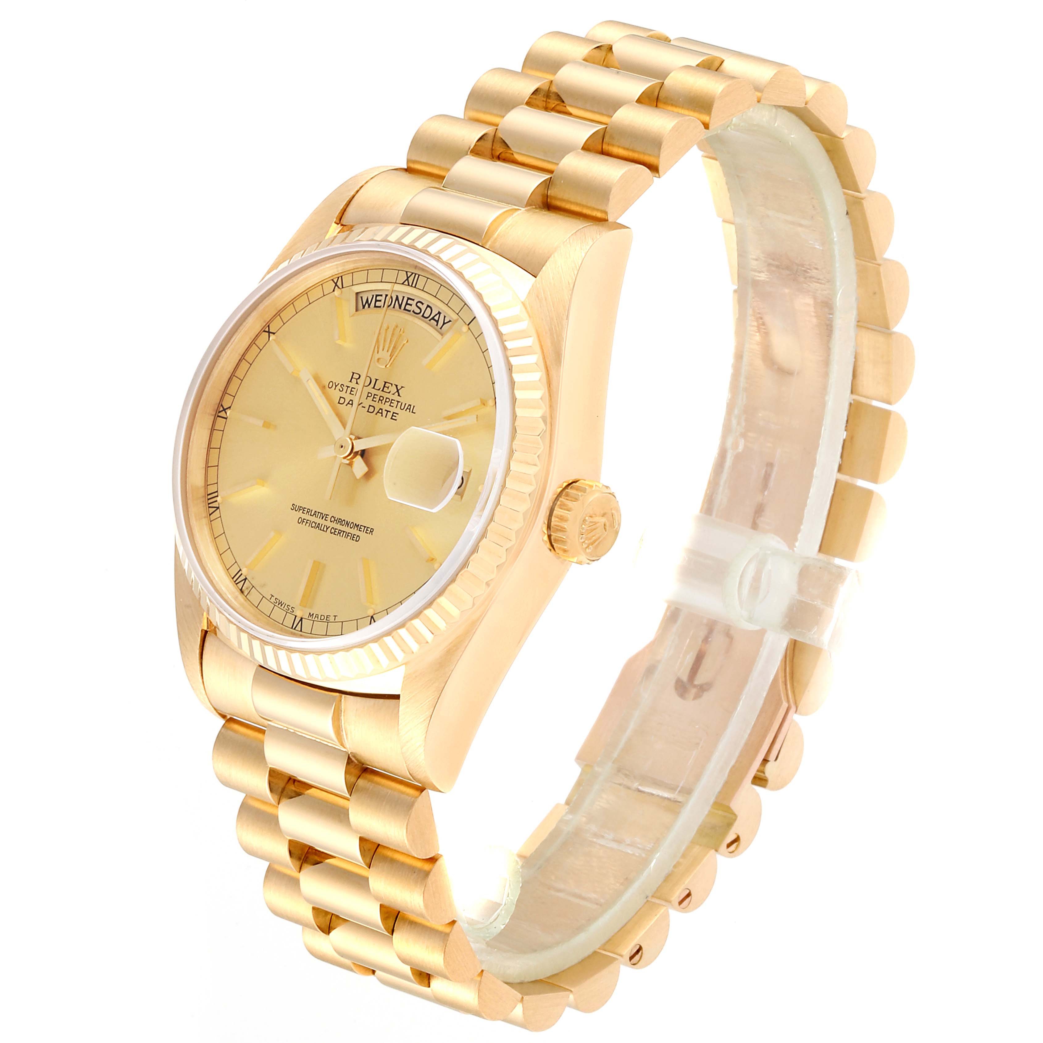 The Rolex President 18038 Men's Yellow Gold Champagne Dial 18038 Men's Yellow Gold Champagne Dial model watch is shown at a tilted angle, displaying its gold bracelet, crown, bezel, and face with day-date features.