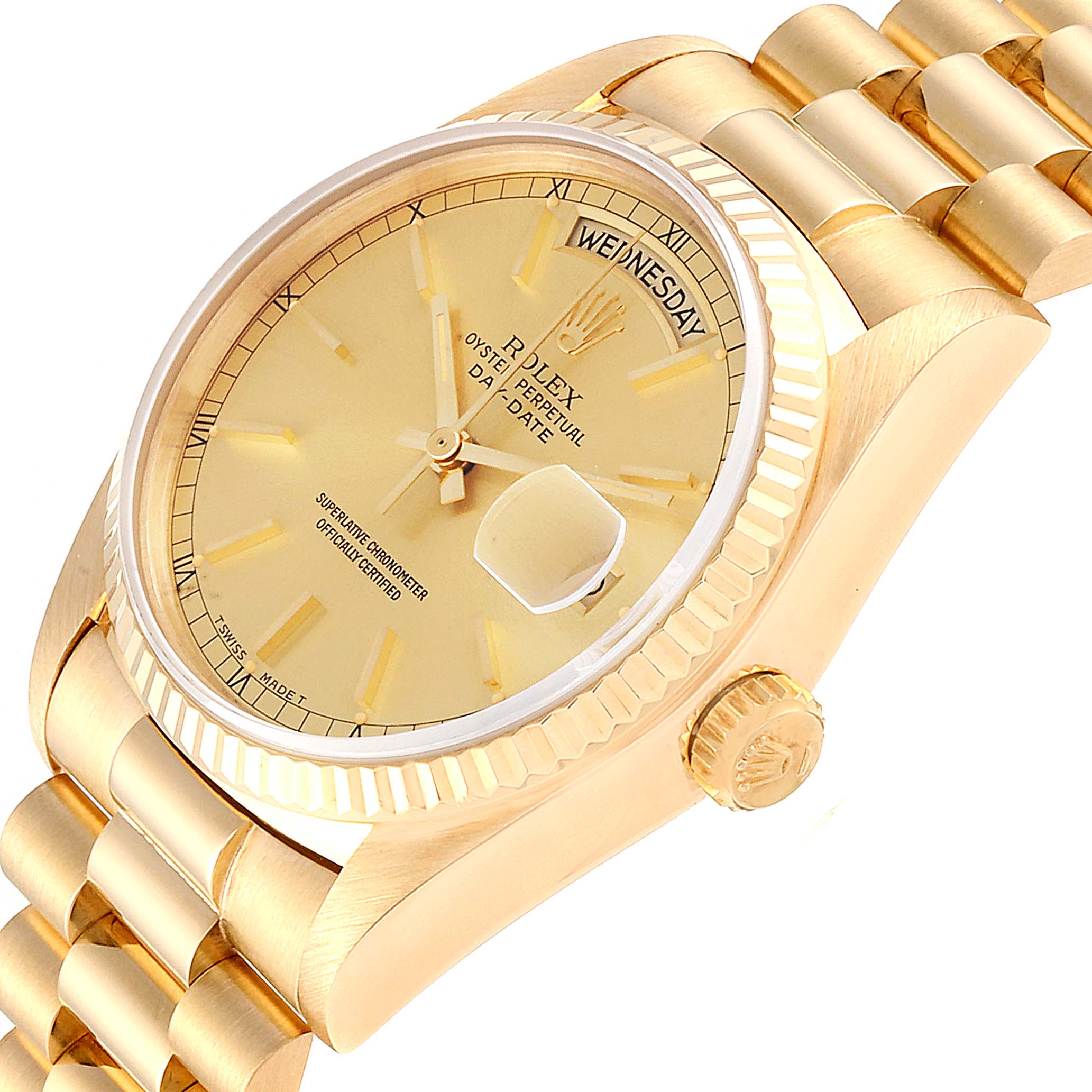 The image shows a close-up angle of the Rolex President 18038 Men's Yellow Gold Champagne Dial 18038 Men's Yellow Gold Champagne Dial model watch, highlighting its dial, bezel, crown, and bracelet.