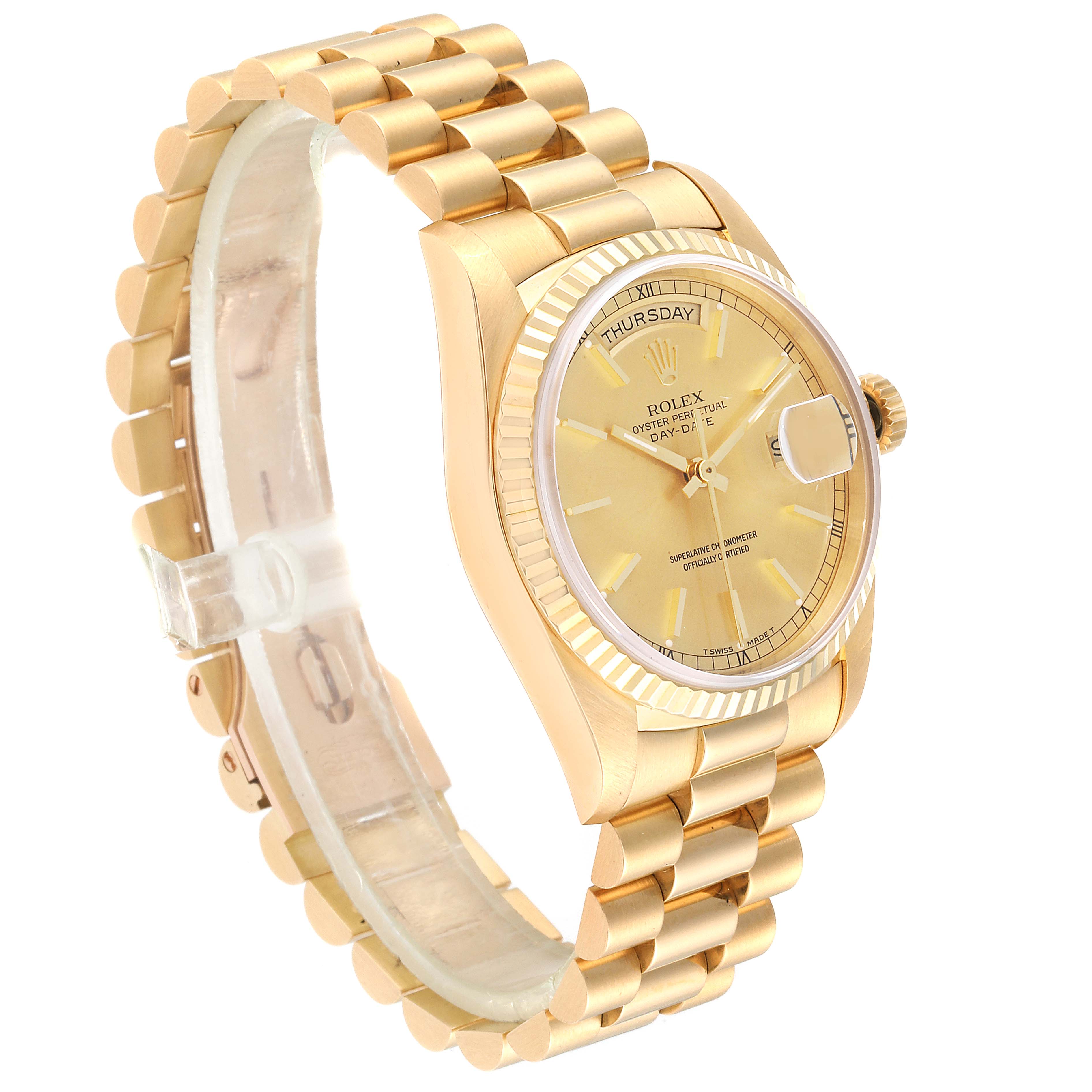 This image shows a gold Rolex President 18238 Men's Yellow Gold Champagne Dial 18238 Men's Yellow Gold Champagne Dial model watch at an angled side view, displaying the bracelet and face.
