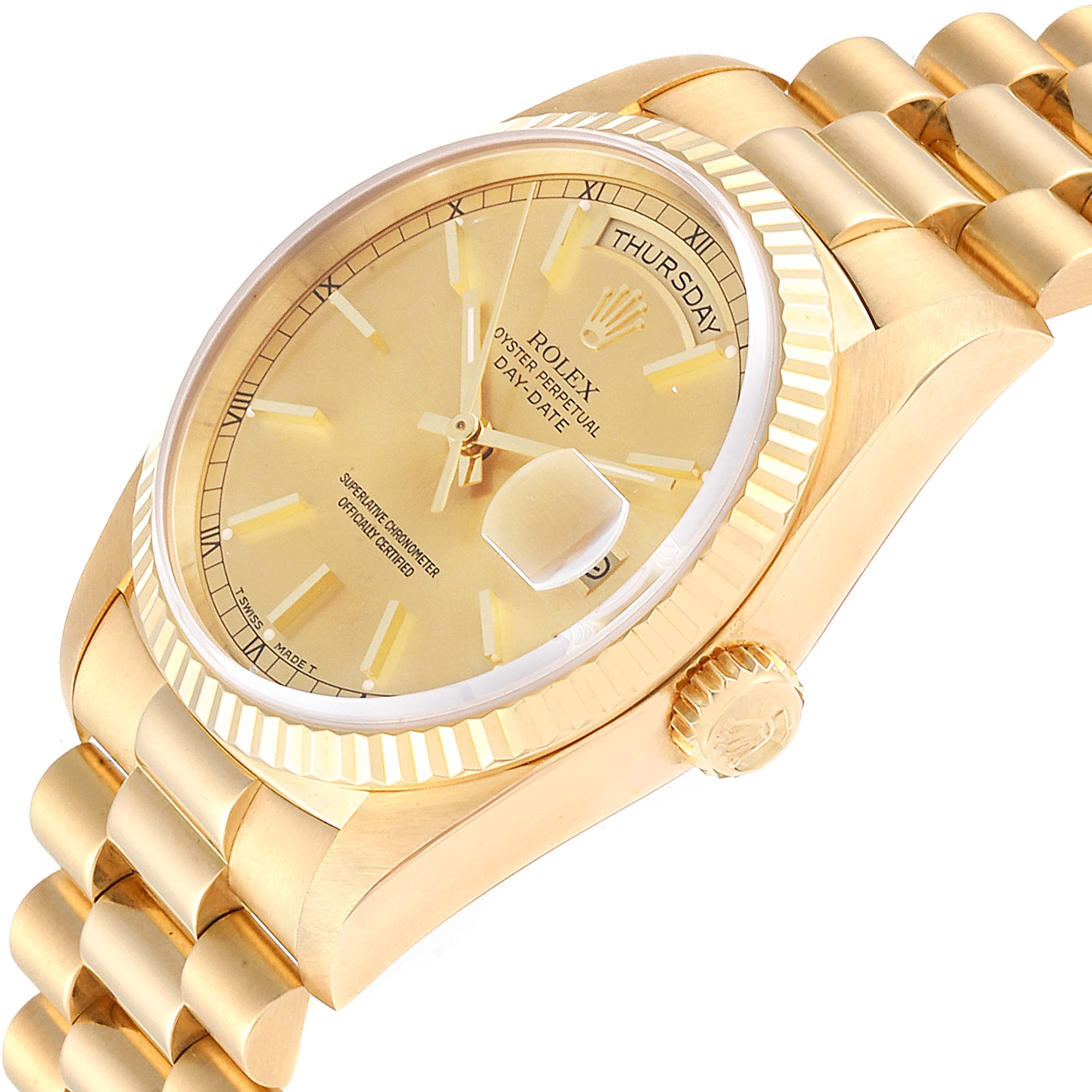 This image shows a gold Rolex President 18238 Men's Yellow Gold Champagne Dial 18238 Men's Yellow Gold Champagne Dial watch from a front angle, displaying the dial, fluted bezel, and part of the bracelet.
