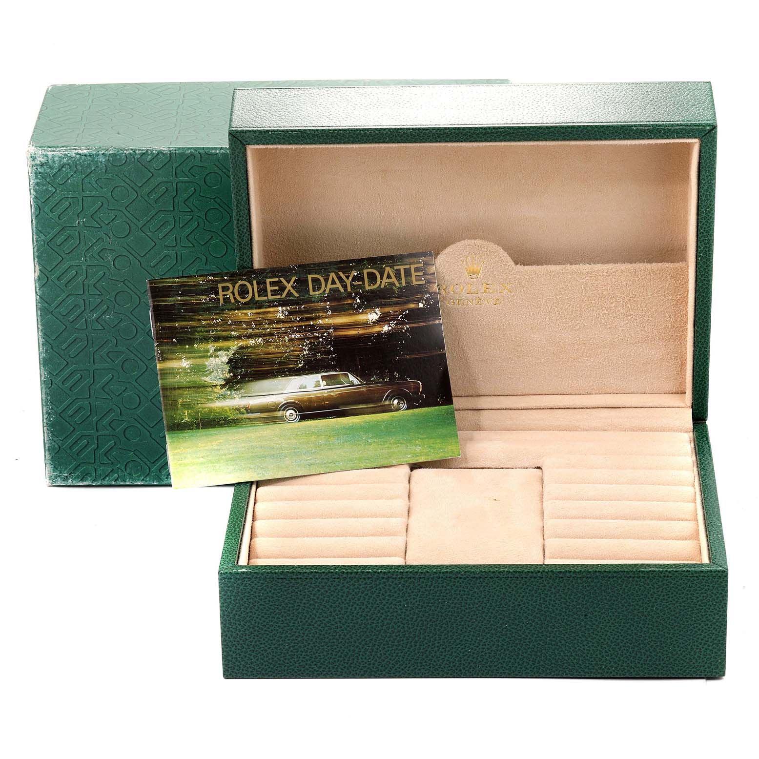 The image shows a green Rolex President 18238 Men's Yellow Gold Champagne Dial 18238 Men's Yellow Gold Champagne Dial model watch box at an angle with its lid open, displaying an inner card promoting "Rolex Day-Date."