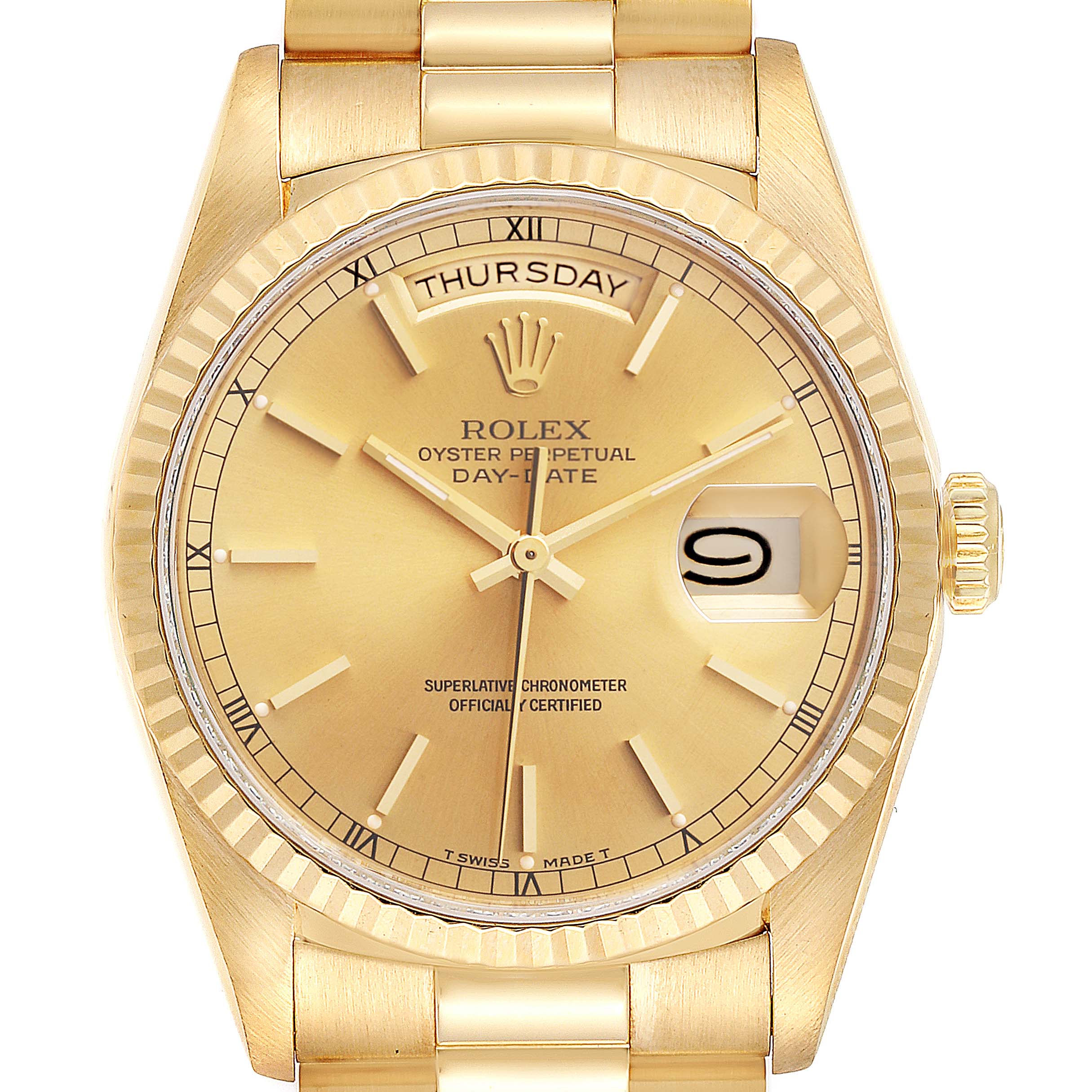 The image shows a frontal view of a Rolex President 18238 Men's Yellow Gold Champagne Dial 18238 Men's Yellow Gold Champagne Dial model watch, displaying the day, date, dial, and bezel.