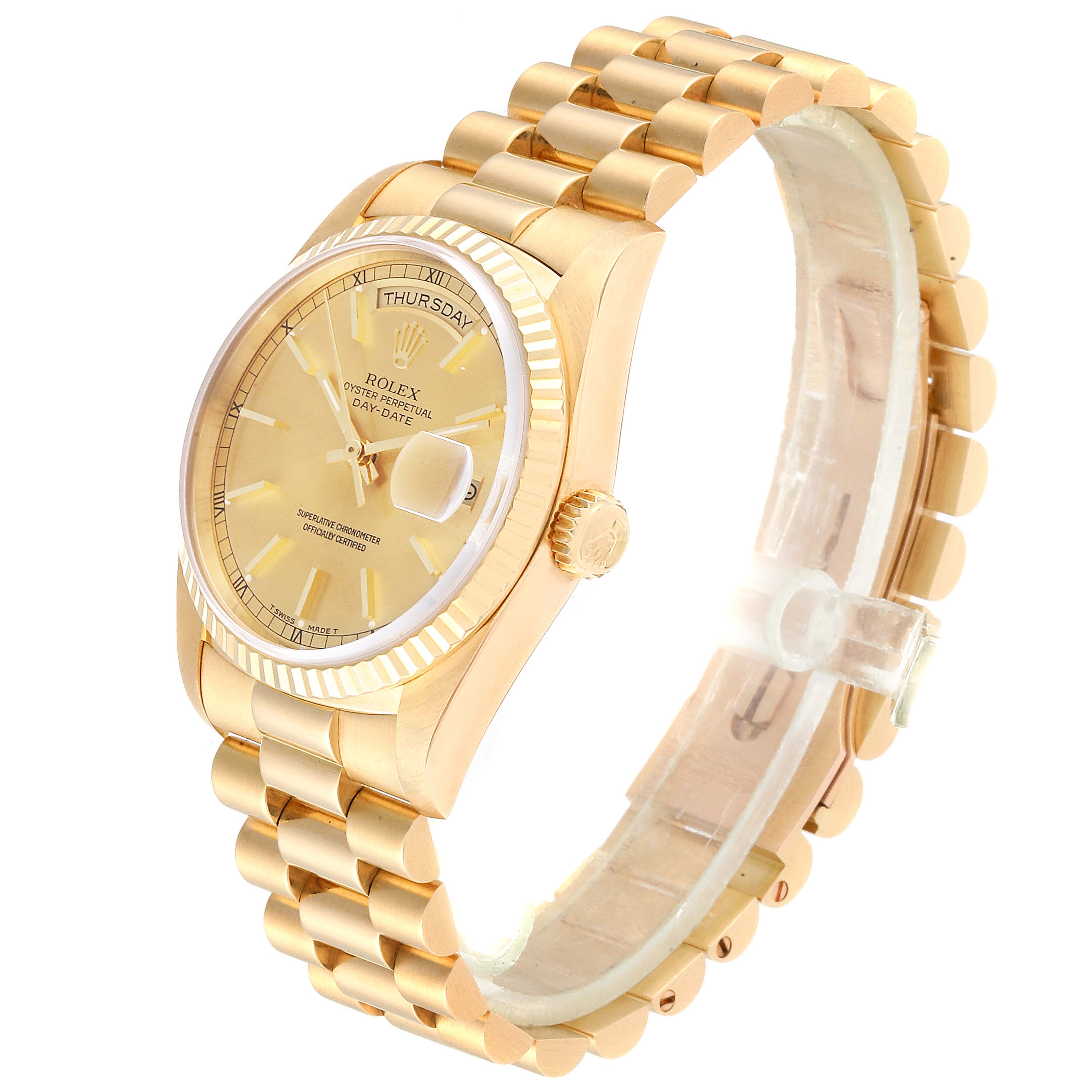 The image shows a close-up, angled view of a gold Rolex President 18238 Men's Yellow Gold Champagne Dial 18238 Men's Yellow Gold Champagne Dial model watch, displaying the face, bezel, and part of the bracelet.