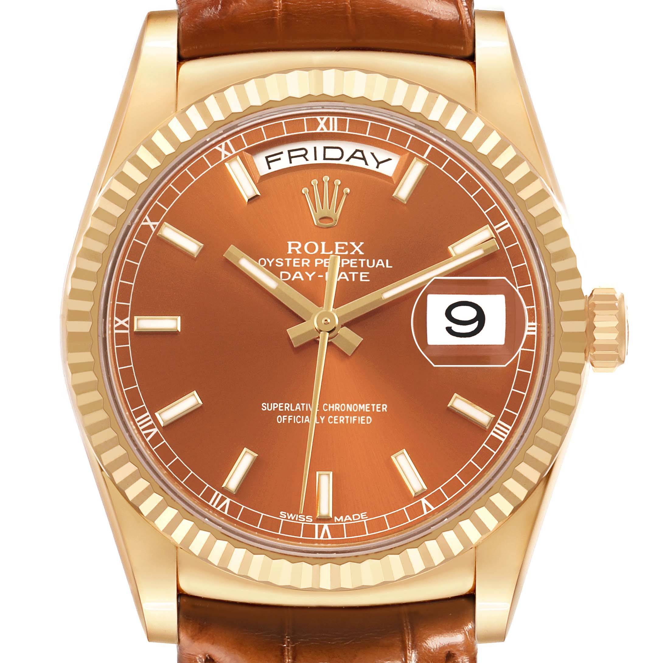 The Rolex President 118138 Men's Yellow Gold Orange Dial model watch is shown from the front, featuring its dial, hands, date window, and crown.