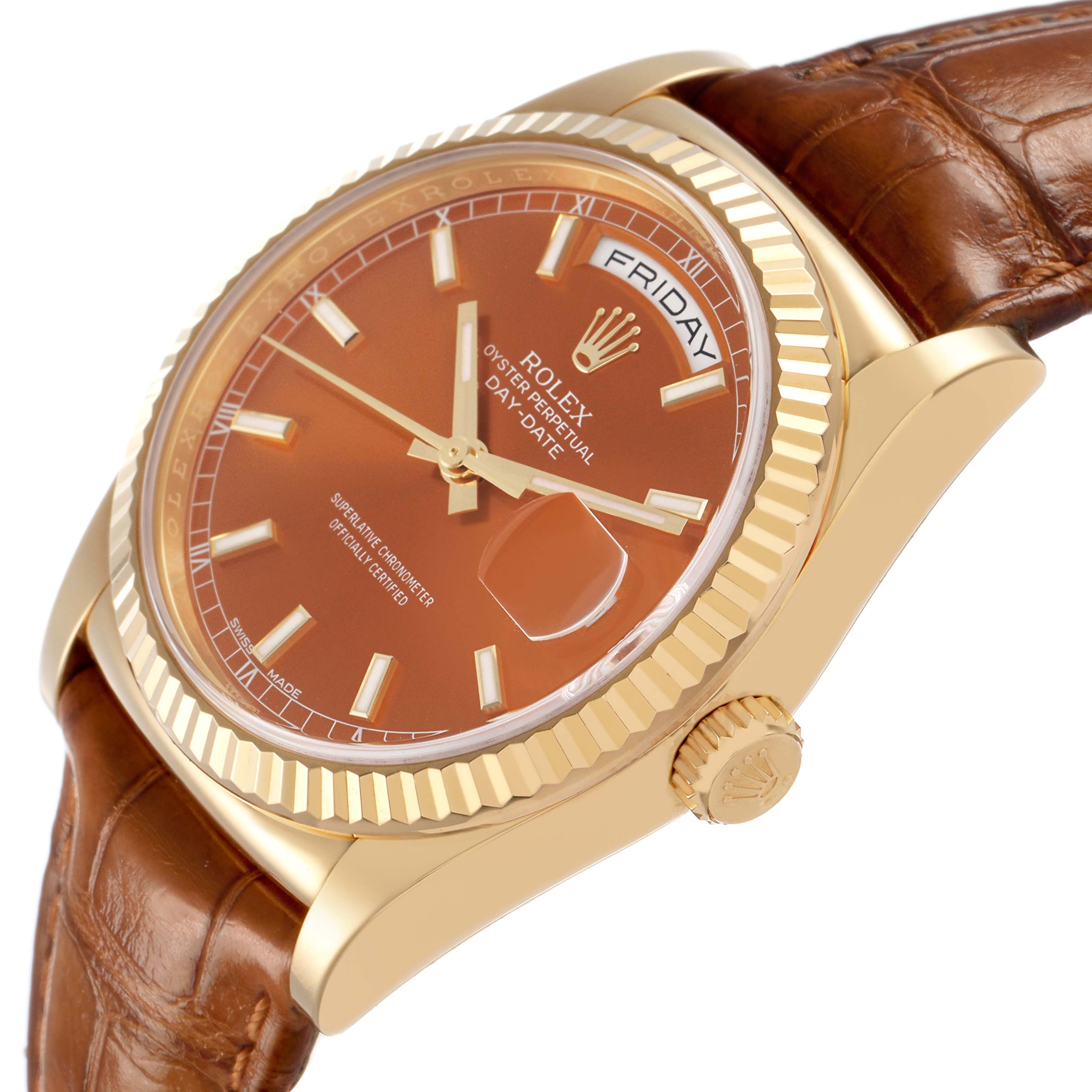 The Rolex President 118138 Men's Yellow Gold Orange Dial model is shown at a slight angle, highlighting the brown dial, fluted bezel, crown, and part of the leather strap.