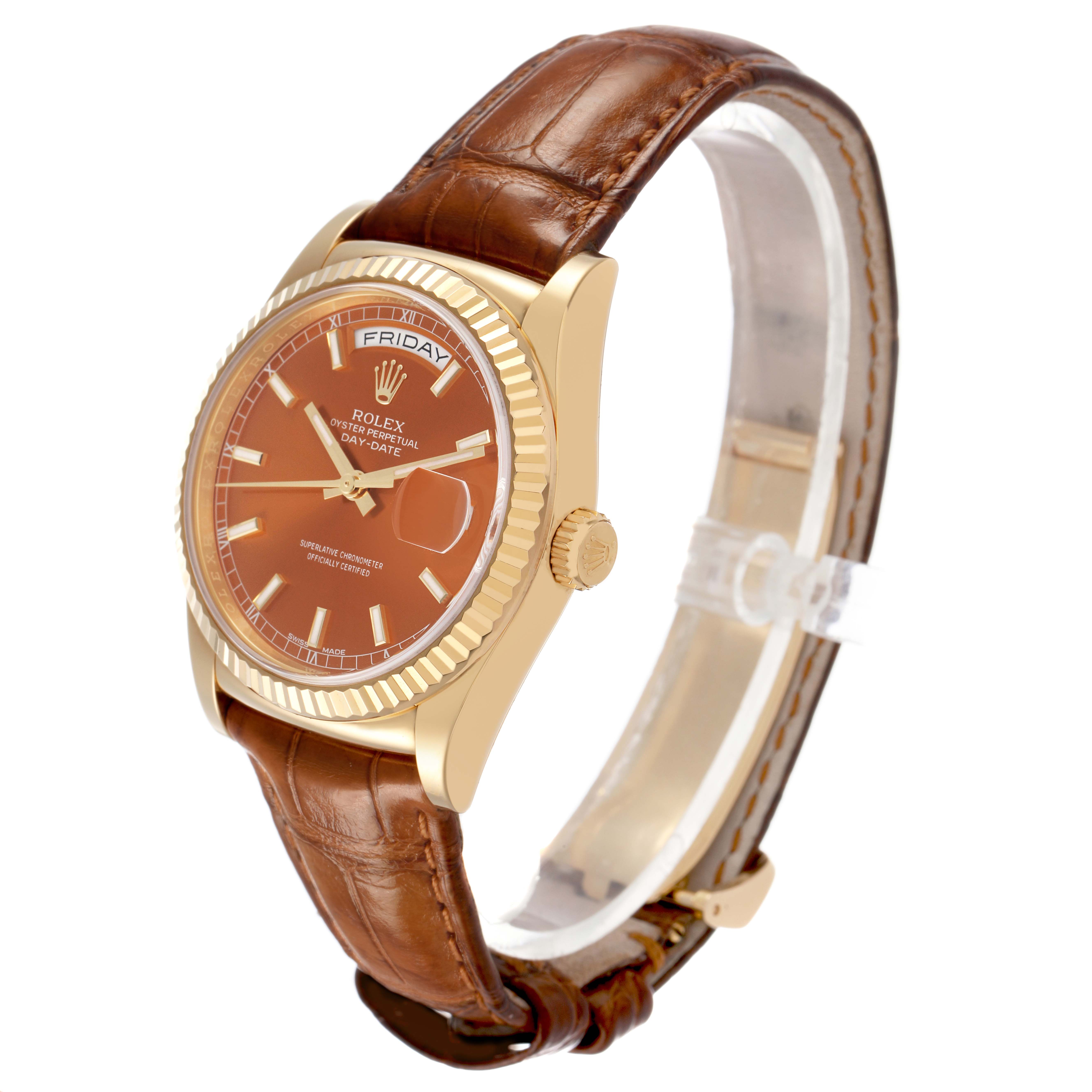 The Rolex President 118138 Men's Yellow Gold Orange Dial model is shown from a side angle, highlighting the brown strap, gold case, and fluted bezel.