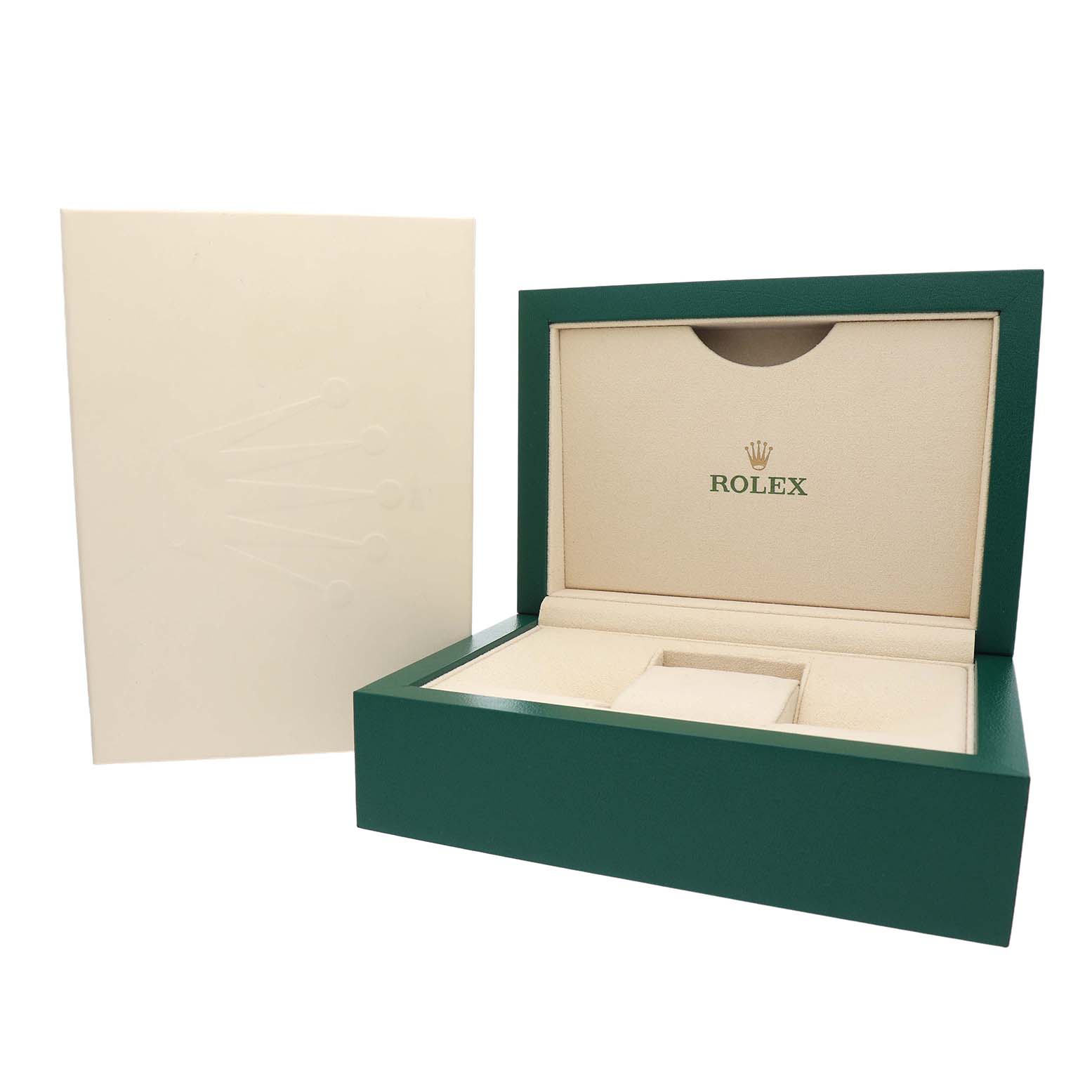 The image shows the open box and outer sleeve of a Rolex President 118138 Men's Yellow Gold Orange Dial watch, highlighting the interior and logo.