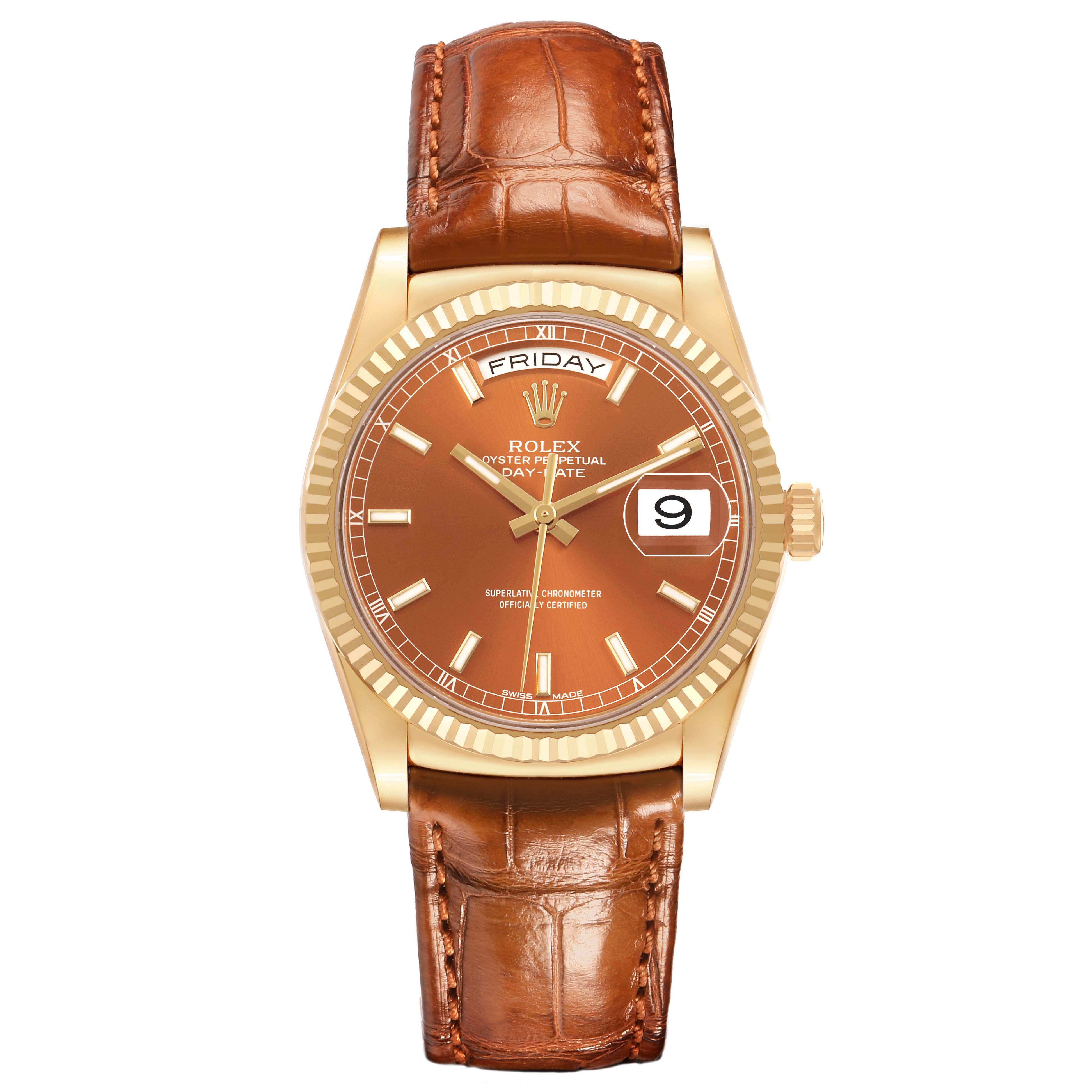 The Rolex President 118138 Men's Yellow Gold Orange Dial model is shown from the front, displaying its dial, bezel, and leather strap.