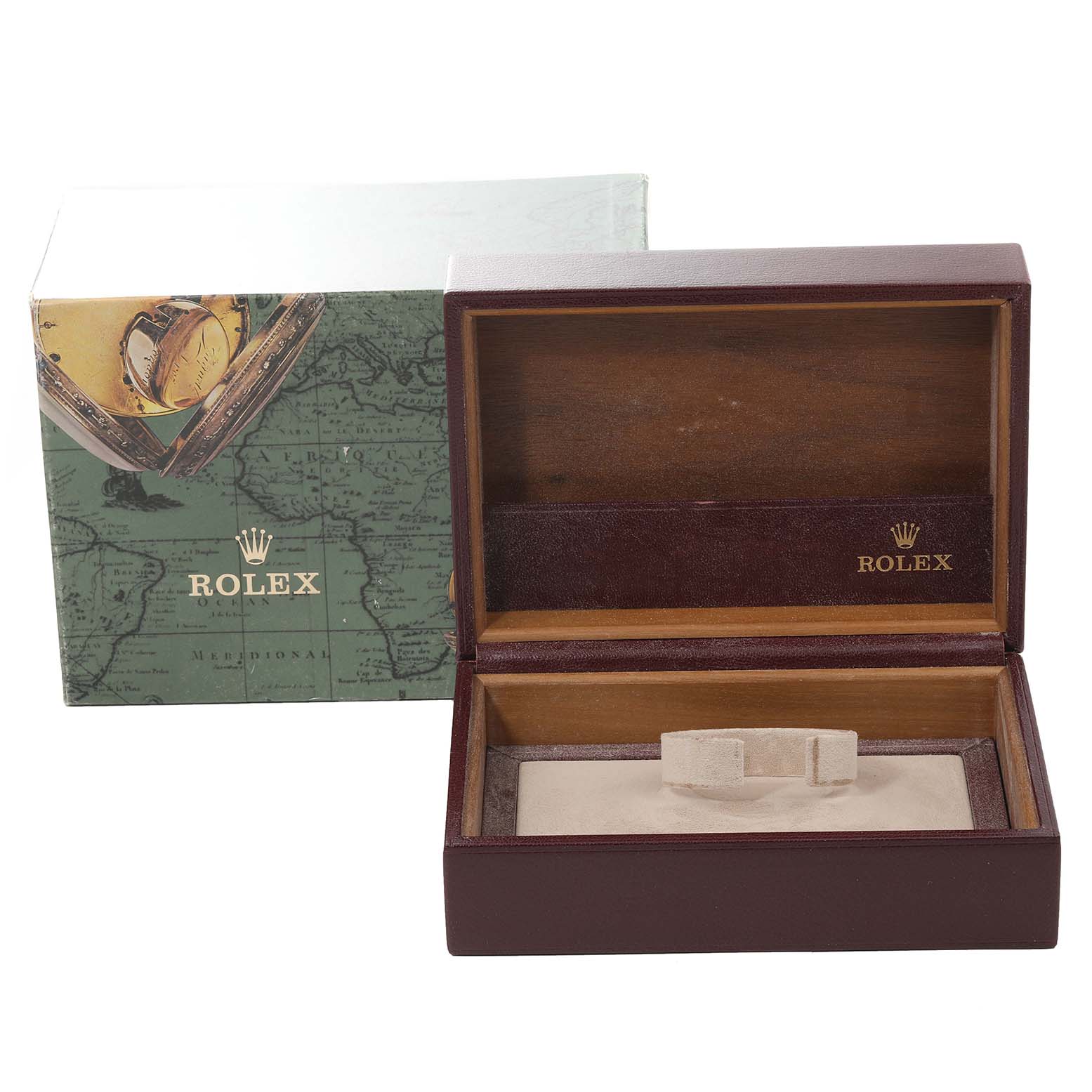 The image shows an empty Rolex box for the President model, with the box lid open and packaging in the background.