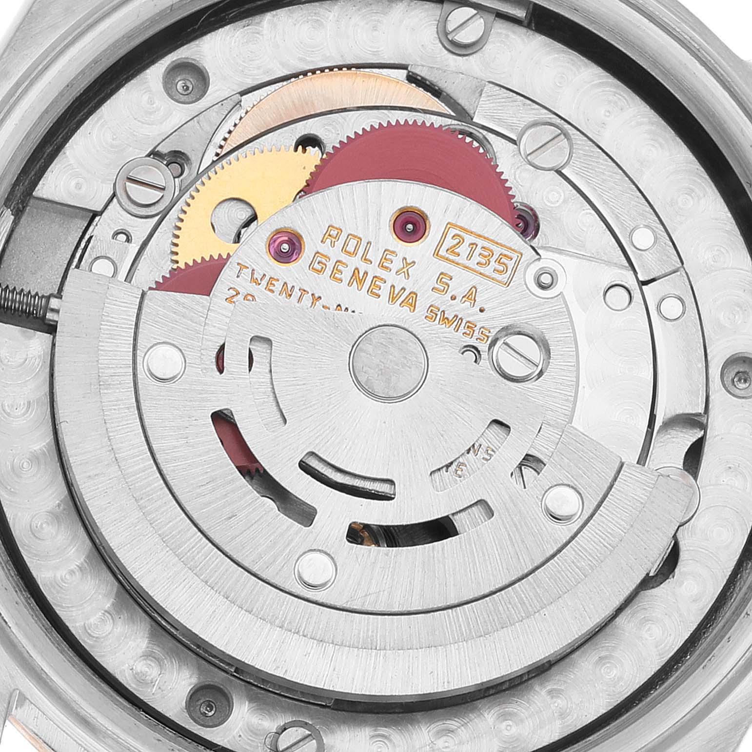 This image shows the internal mechanism of a Rolex President 68279 Women's White Gold Brown Dial 68279 Women's White Gold Brown Dial model watch from a top-down angle.