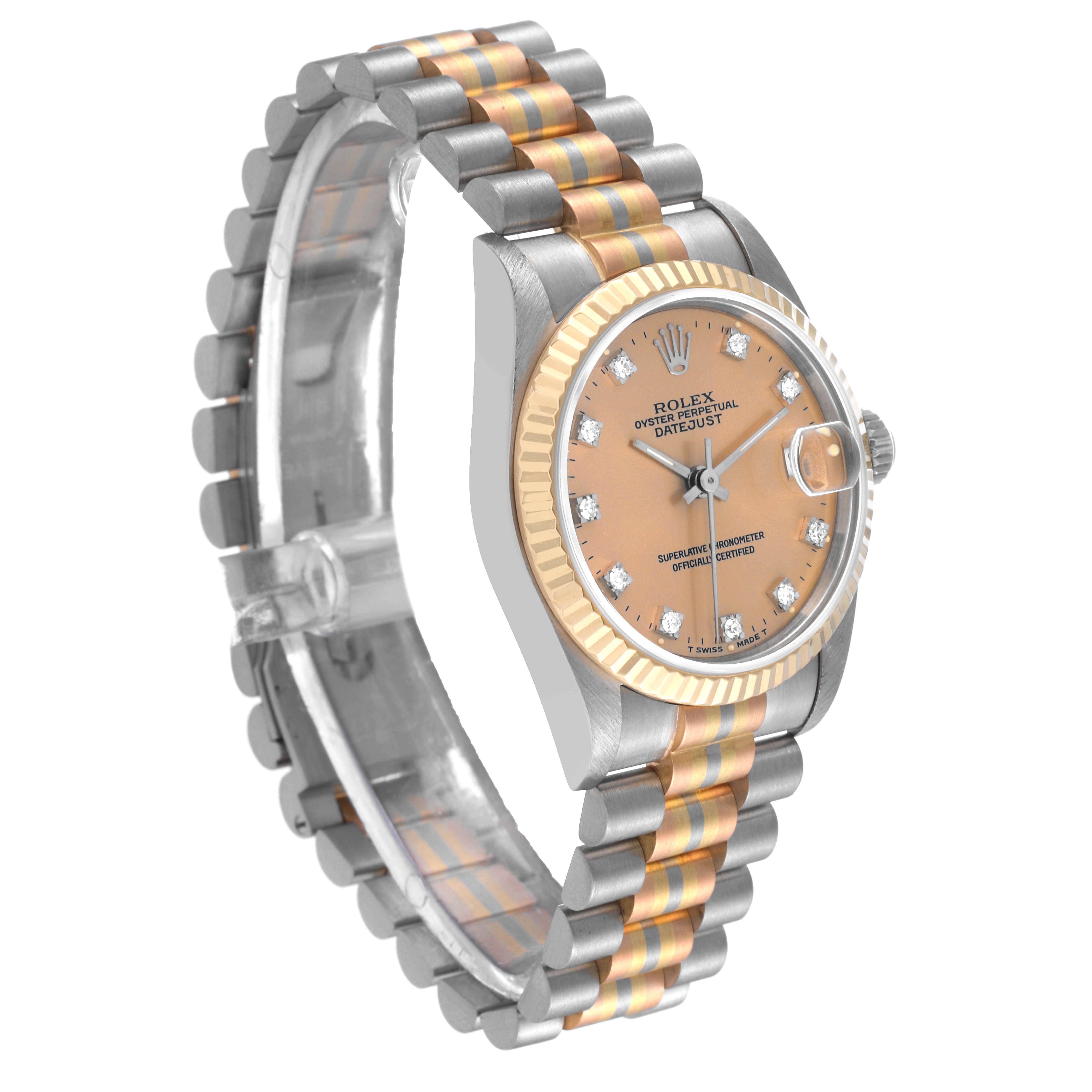 The image shows a Rolex President 68279 Women's White Gold Brown Dial 68279 Women's White Gold Brown Dial model watch, featuring a side and front view with a two-tone band and diamond markers.