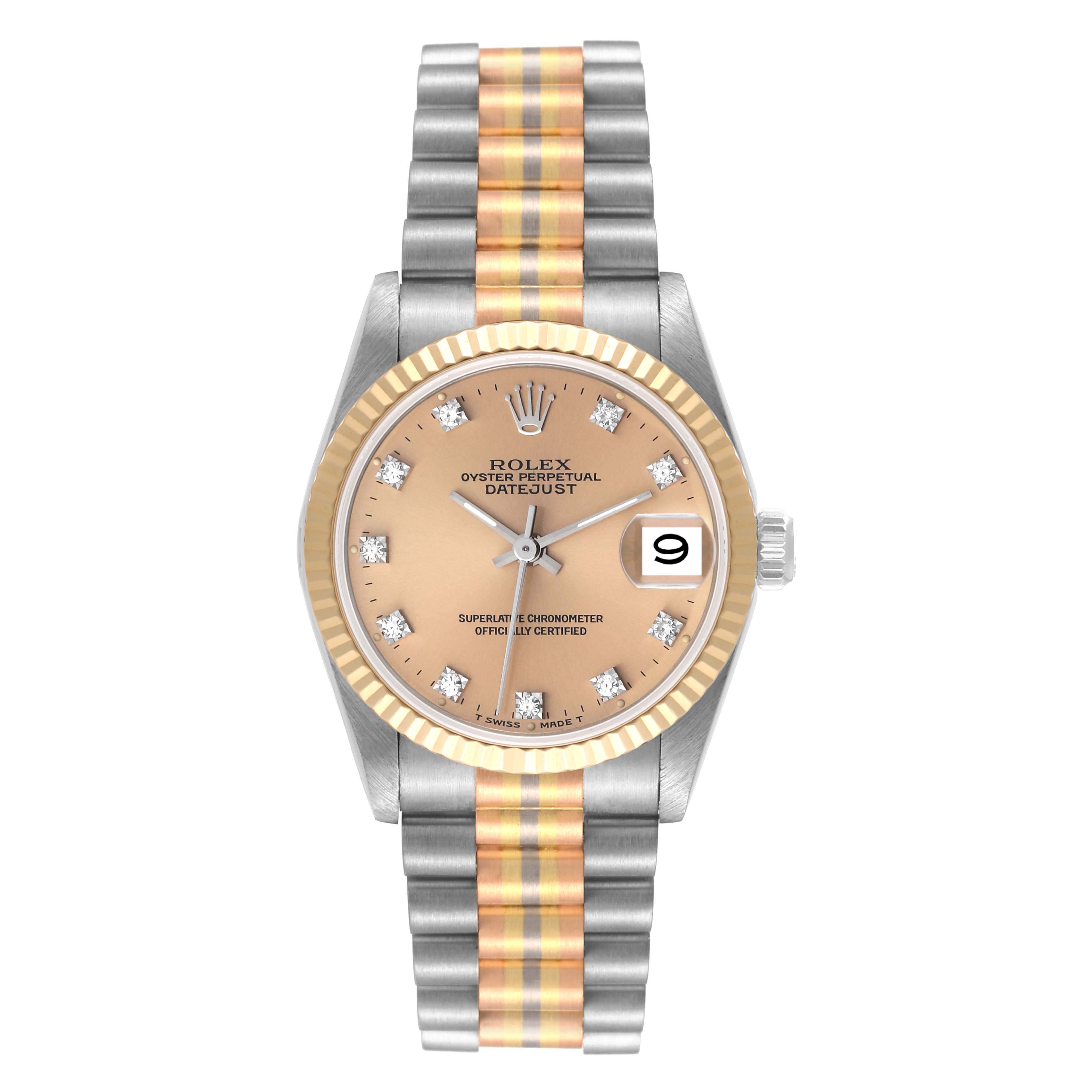 The Rolex President 68279 Women's White Gold Brown Dial 68279 Women's White Gold Brown Dial Datejust watch is shown from the front, fully displaying its face, bezel, and two-tone bracelet.
