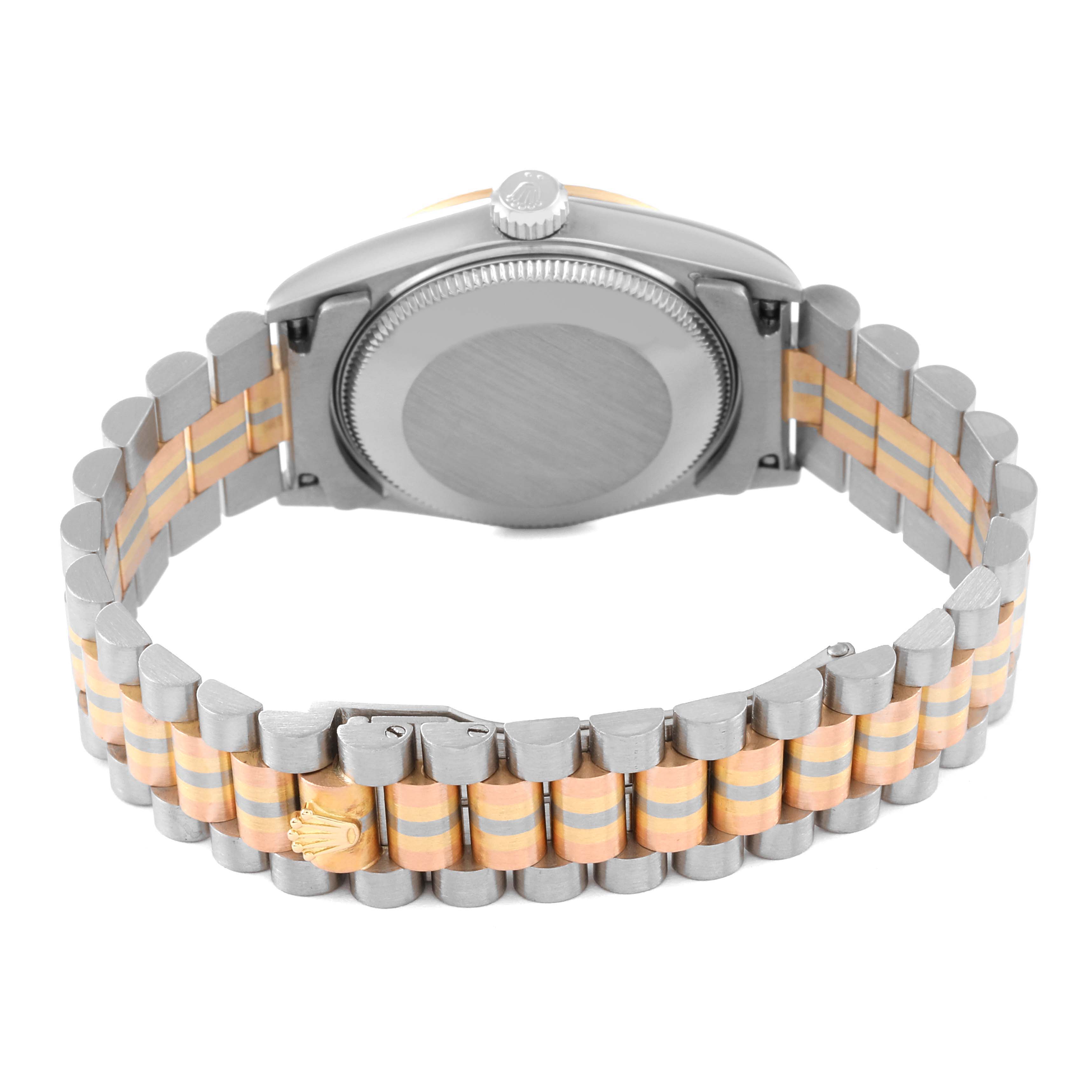 This image shows the back case and bracelet clasp of the Rolex President 68279 Women's White Gold Brown Dial 68279 Women's White Gold Brown Dial model watch in a two-tone metal finish.