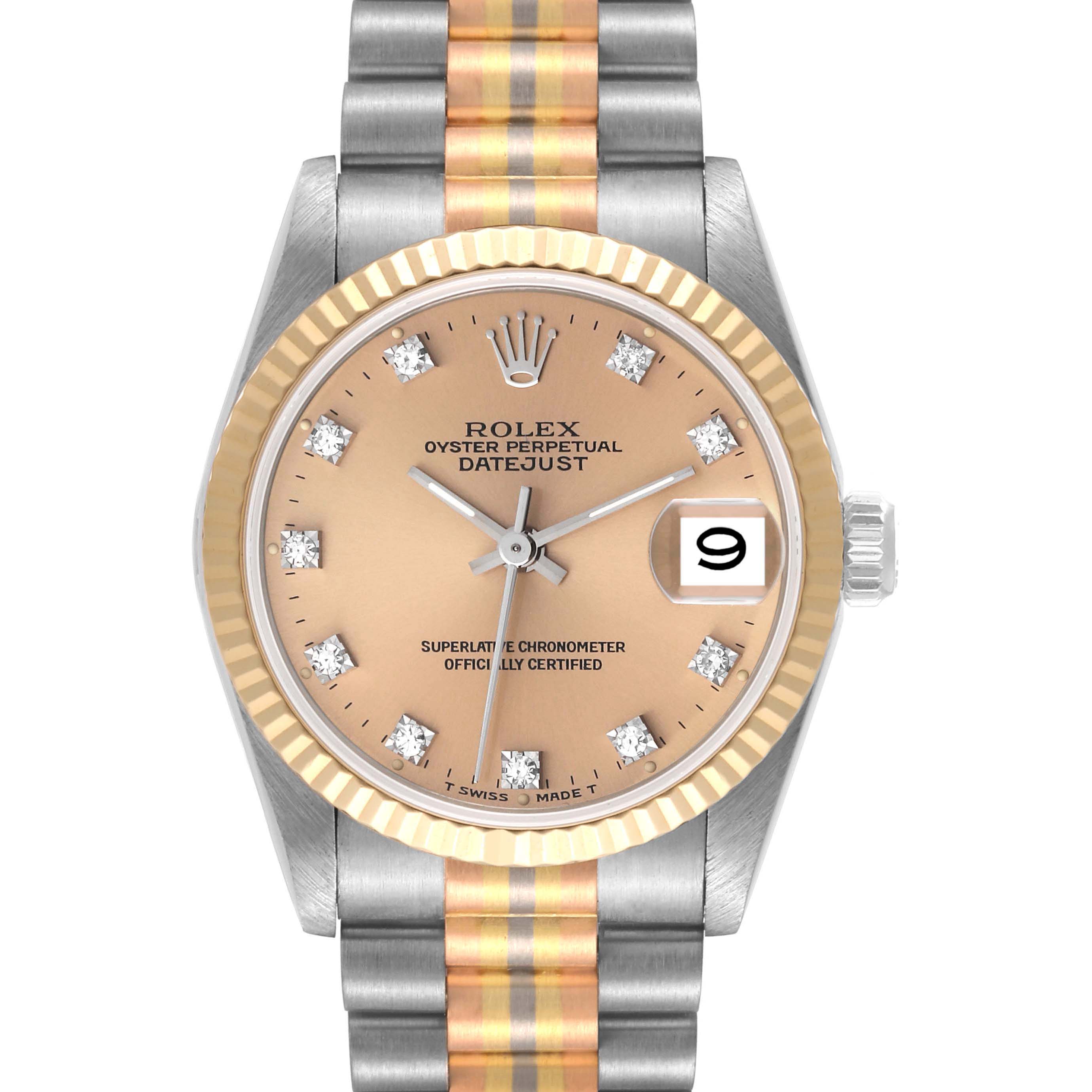 The image shows a front view of a Rolex President 68279 Women's White Gold Brown Dial 68279 Women's White Gold Brown Dial model watch featuring a two-tone bracelet, gold fluted bezel, and diamond markers.