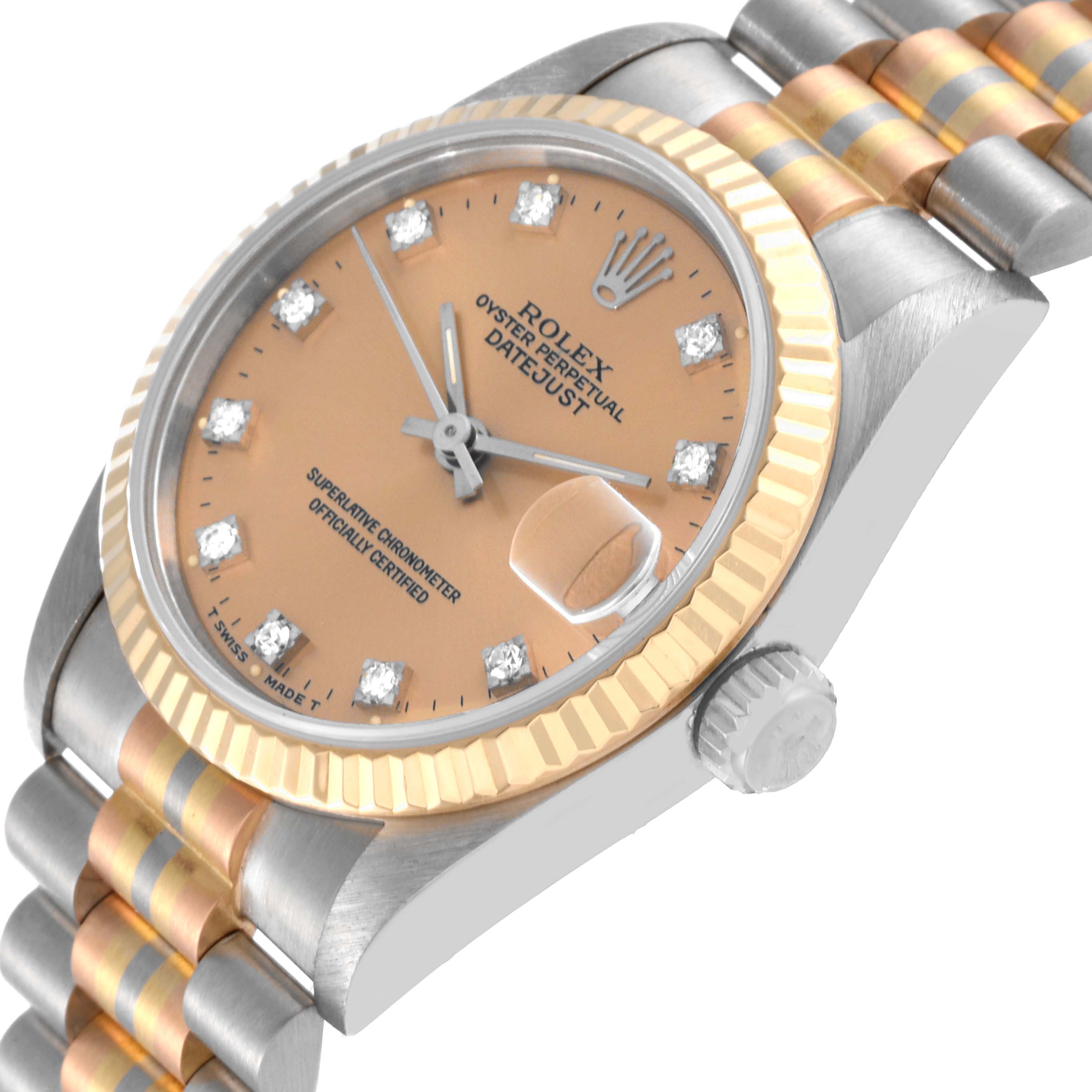 This image shows a close-up, angled view of the dial, bezel, and part of the bracelet of a Rolex President 68279 Women's White Gold Brown Dial 68279 Women's White Gold Brown Dial Datejust watch.