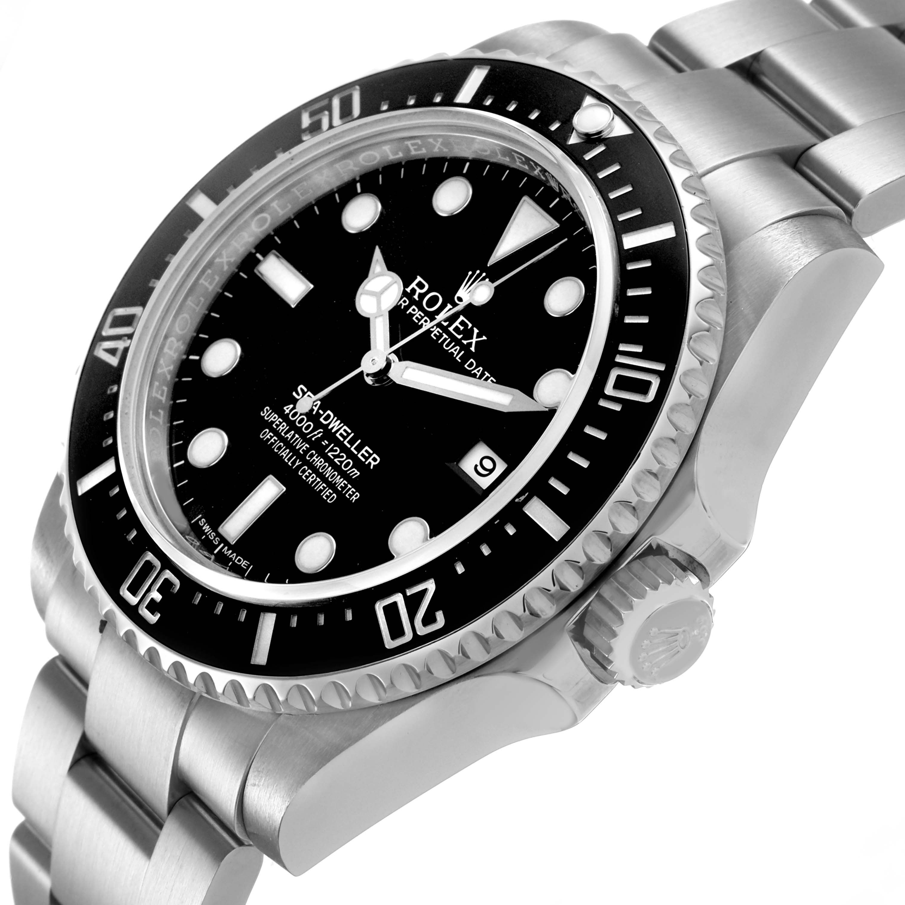 The Rolex Sea-Dweller 116600 Men's Stainless Steel Black Dial watch is shown at a slight angle, highlighting the dial, bezel, and part of the bracelet.