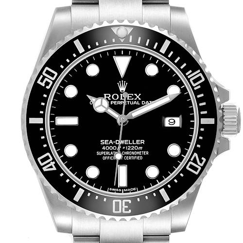 The Rolex Sea-Dweller 116600 Men's Stainless Steel Black Dial watch is shown from the front, highlighting the dial, bezel, hands, indices, and date window.