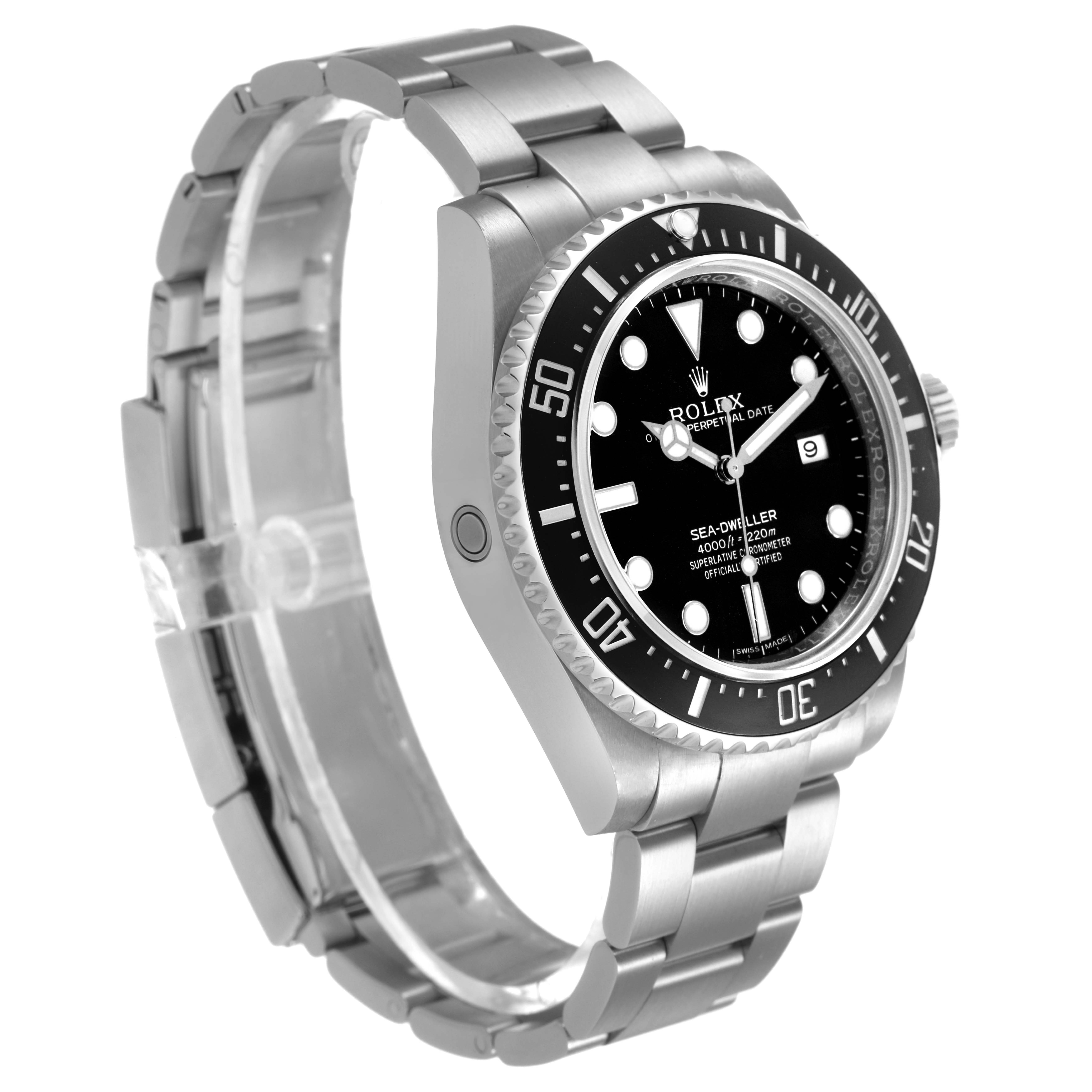 The Rolex Sea-Dweller 116600 Men's Stainless Steel Black Dial is shown from a left-side angle highlighting the bezel, dial, bracelet, and crown.