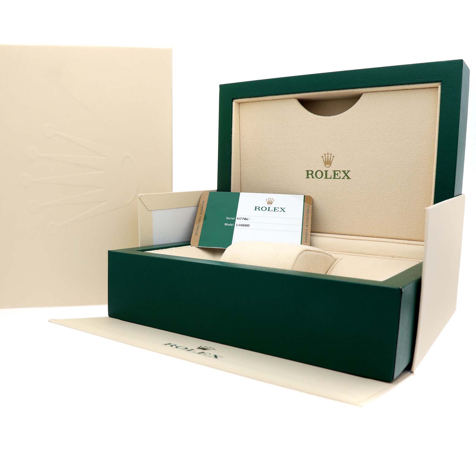 The image shows the packaging and accessories for the Rolex Sea-Dweller 116600 Men's Stainless Steel Black Dial, including the box, cardholder, and warranty card.