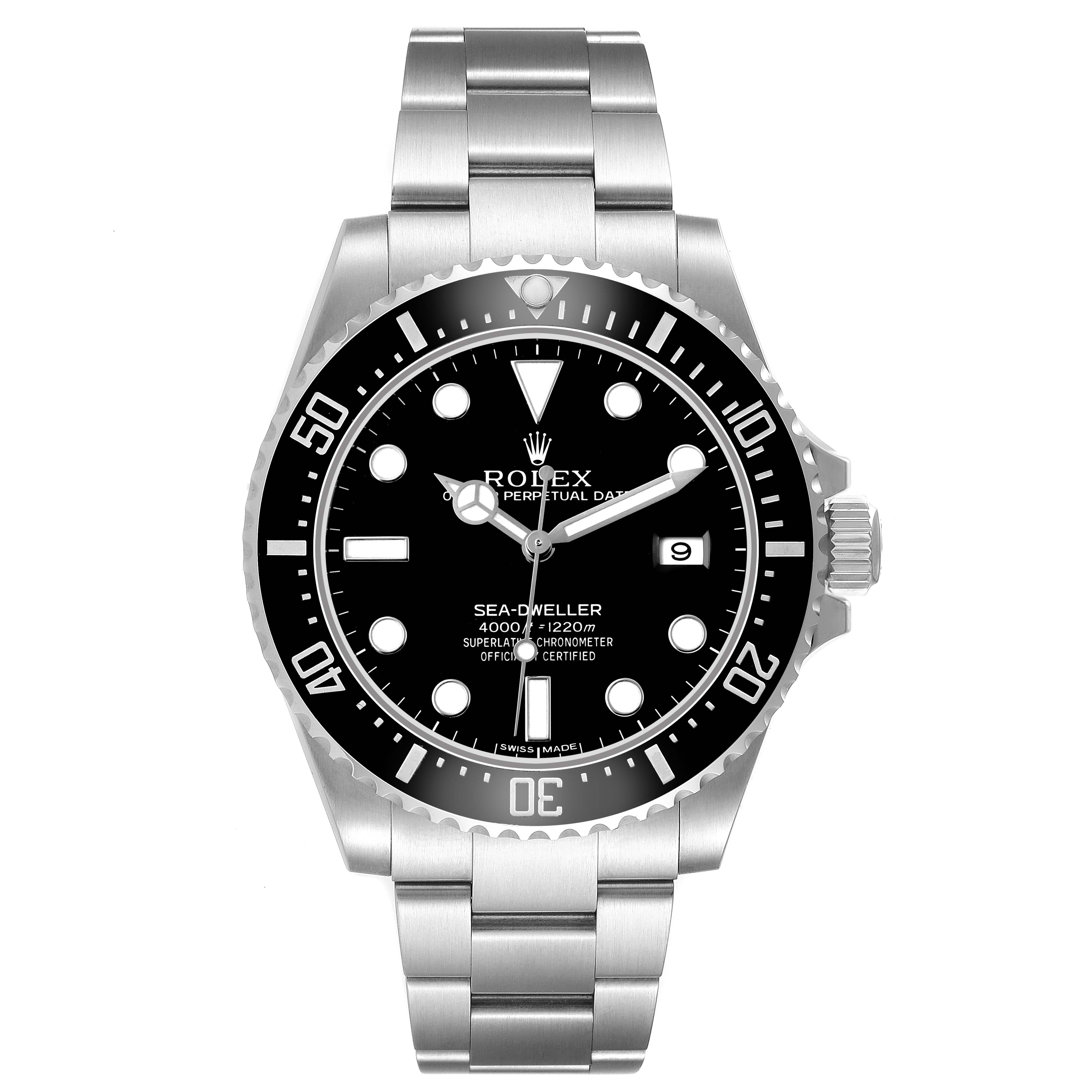 The Rolex Sea-Dweller 116600 Men's Stainless Steel Black Dial watch is shown from a front angle, displaying the dial, bezel, bracelet, and crown.