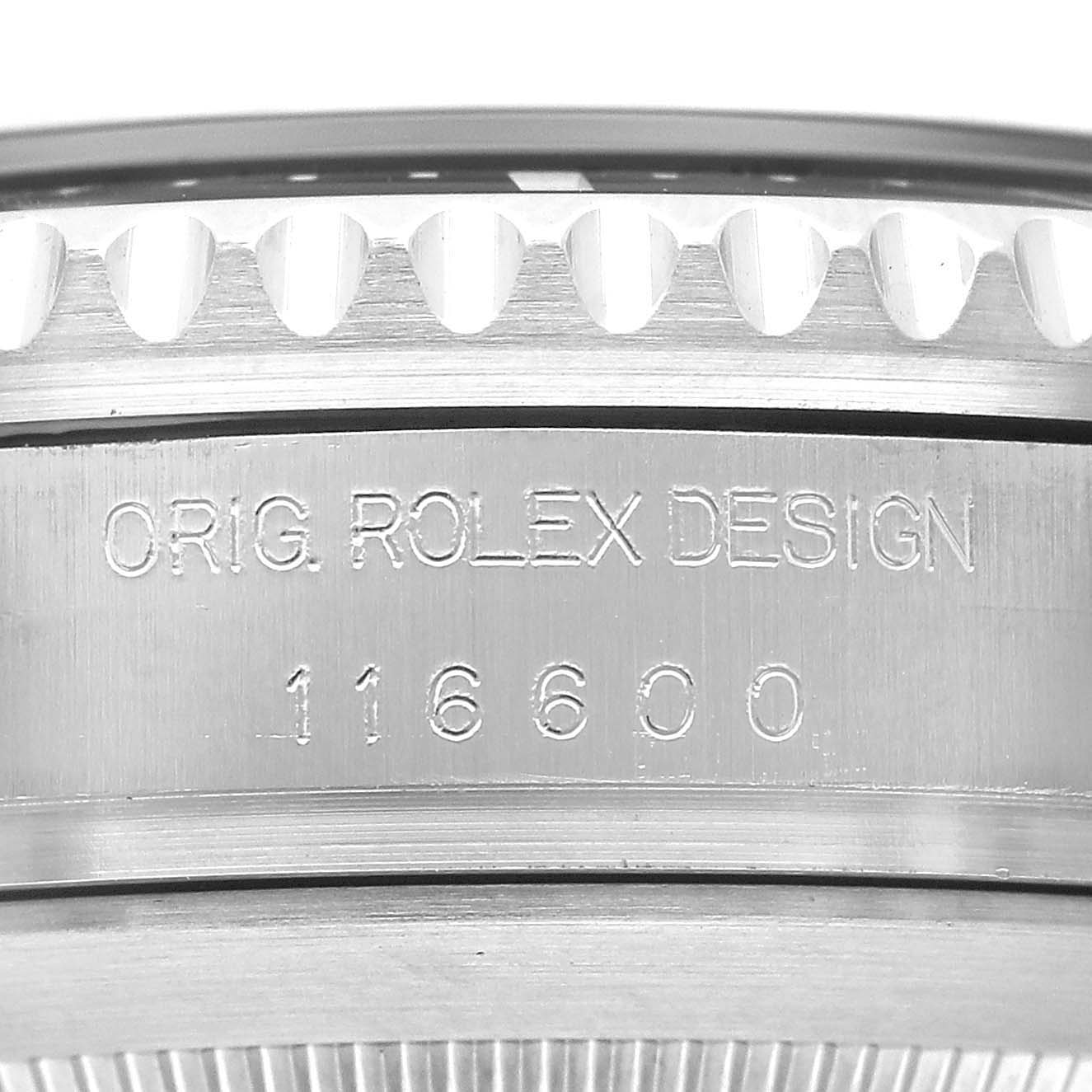 The image shows the side view of a Rolex Sea-Dweller 116600 Men's Stainless Steel Black Dial watch, focusing on the engraved model number 116600.