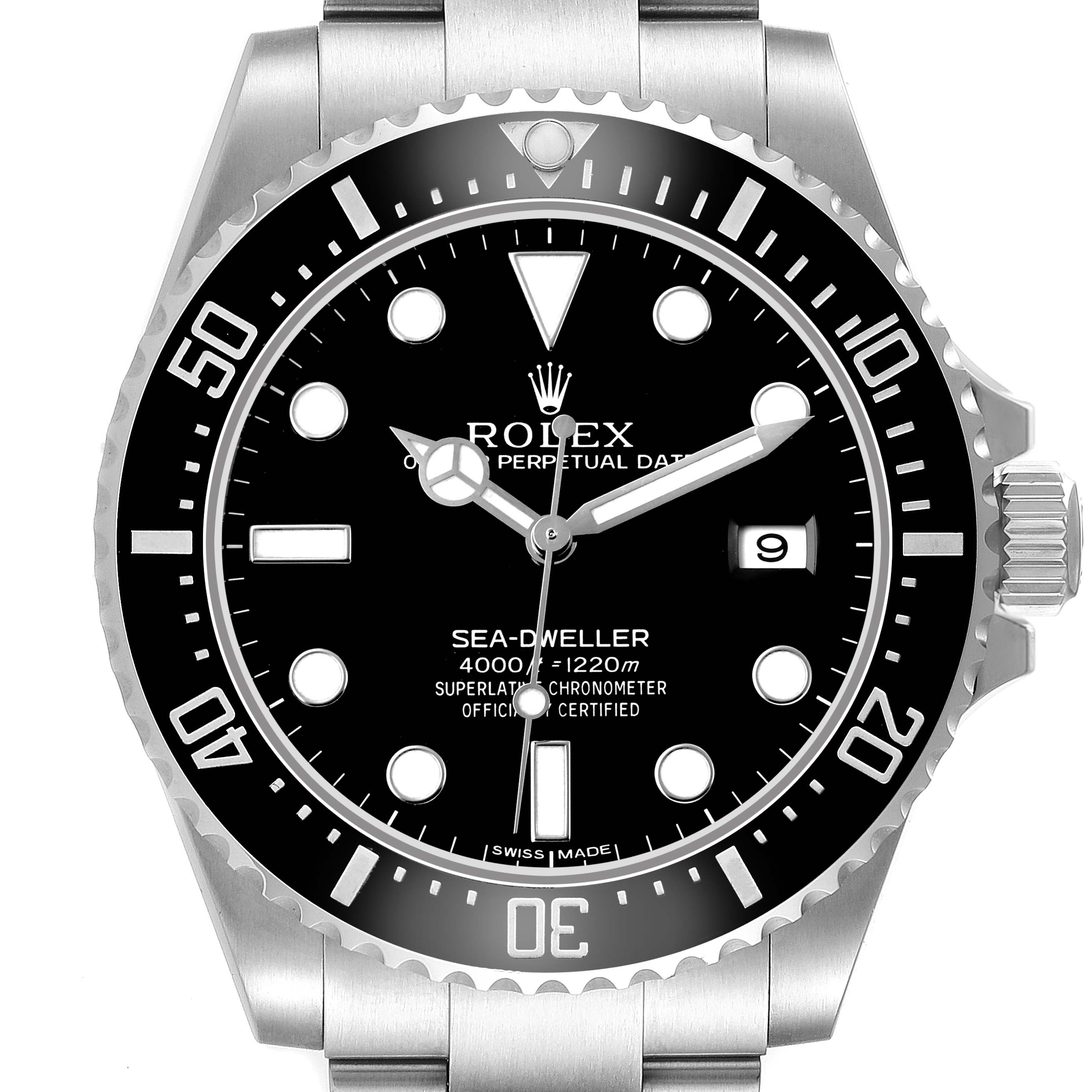 The Rolex Sea-Dweller 116600 Men's Stainless Steel Black Dial is shown from a frontal angle, highlighting the dial, bezel, crown, and part of the bracelet.