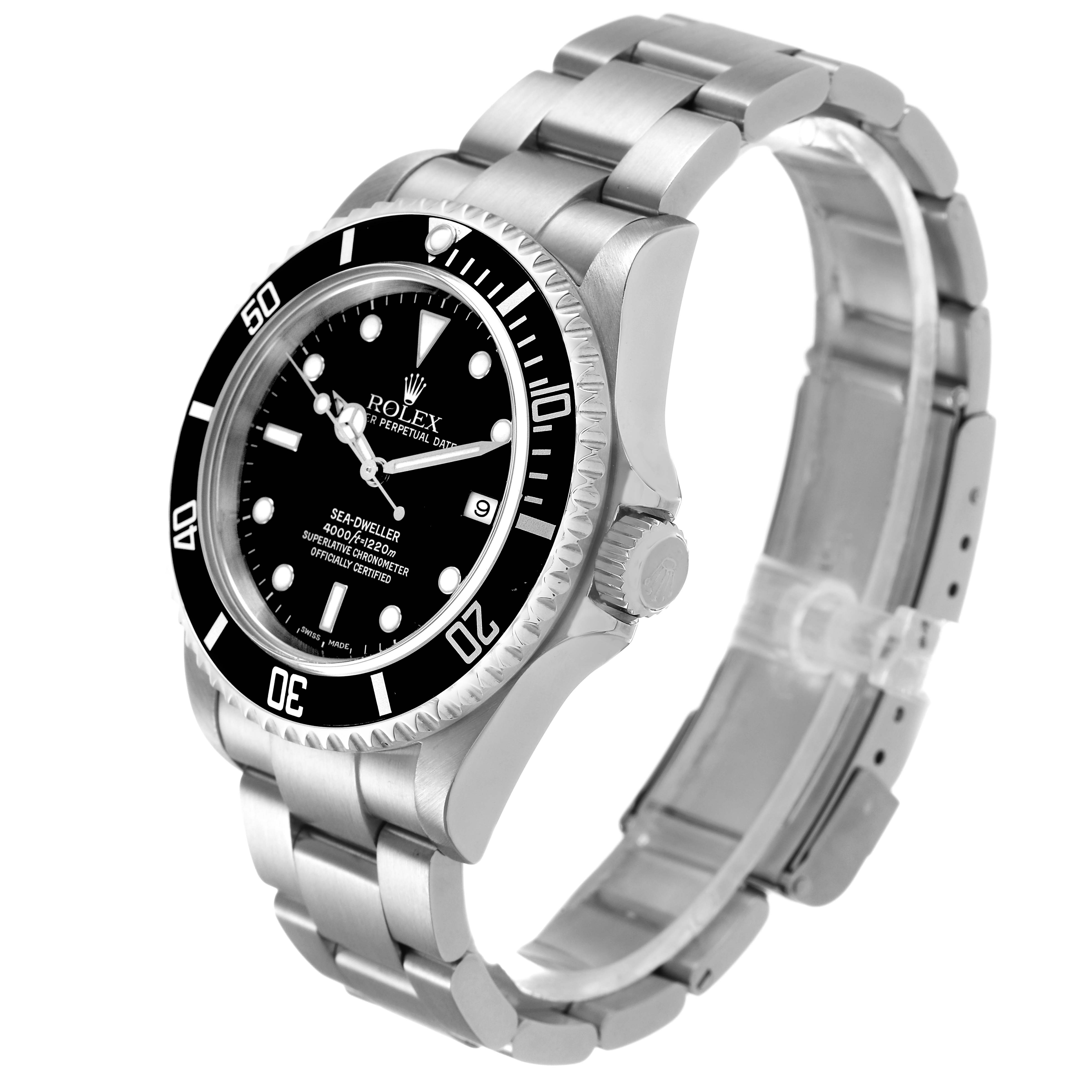 The Rolex Sea-Dweller 16600 Men's Stainless Steel Black Dial is shown at a 3/4 angle, displaying its face, bezel, crown, and stainless steel bracelet.