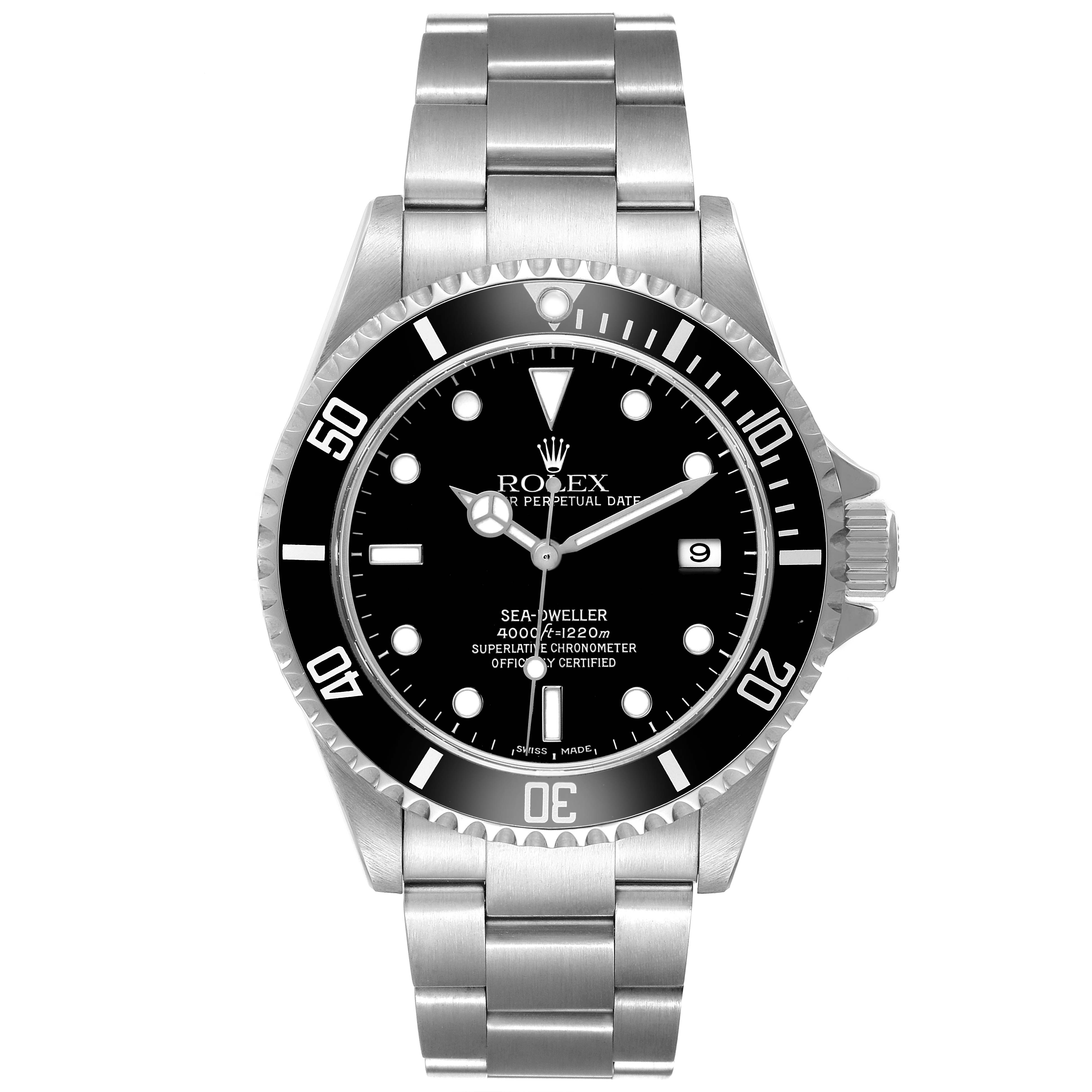 The Rolex Sea-Dweller 16600 Men's Stainless Steel Black Dial watch is shown from the front, displaying the dial, bezel, bracelet, and crown.