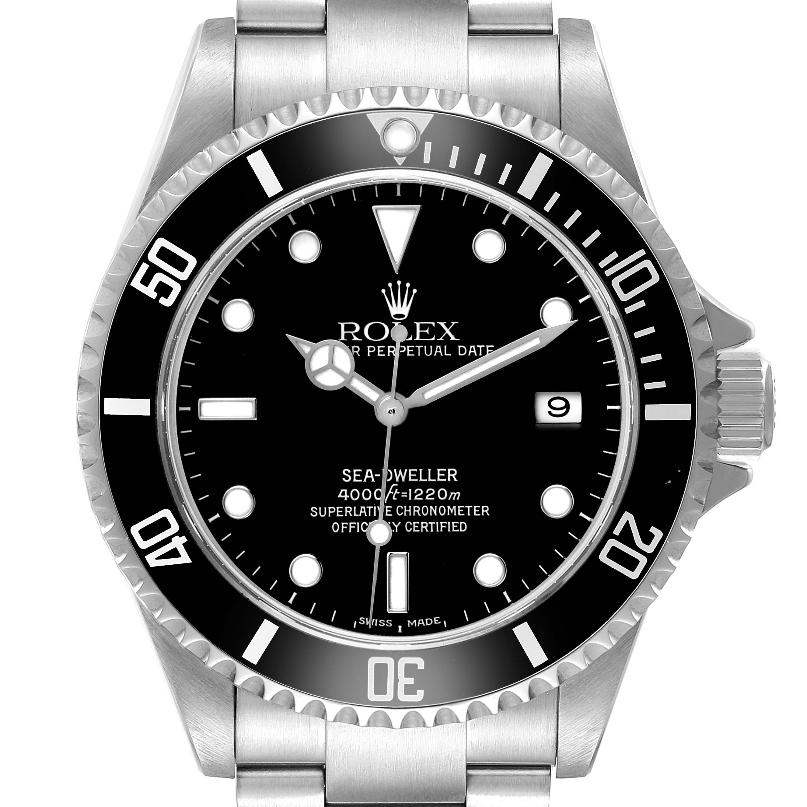 The Rolex Sea-Dweller 16600 Men's Stainless Steel Black Dial is shown from a top-down angle, displaying its face, bezel, crown, and part of the bracelet.