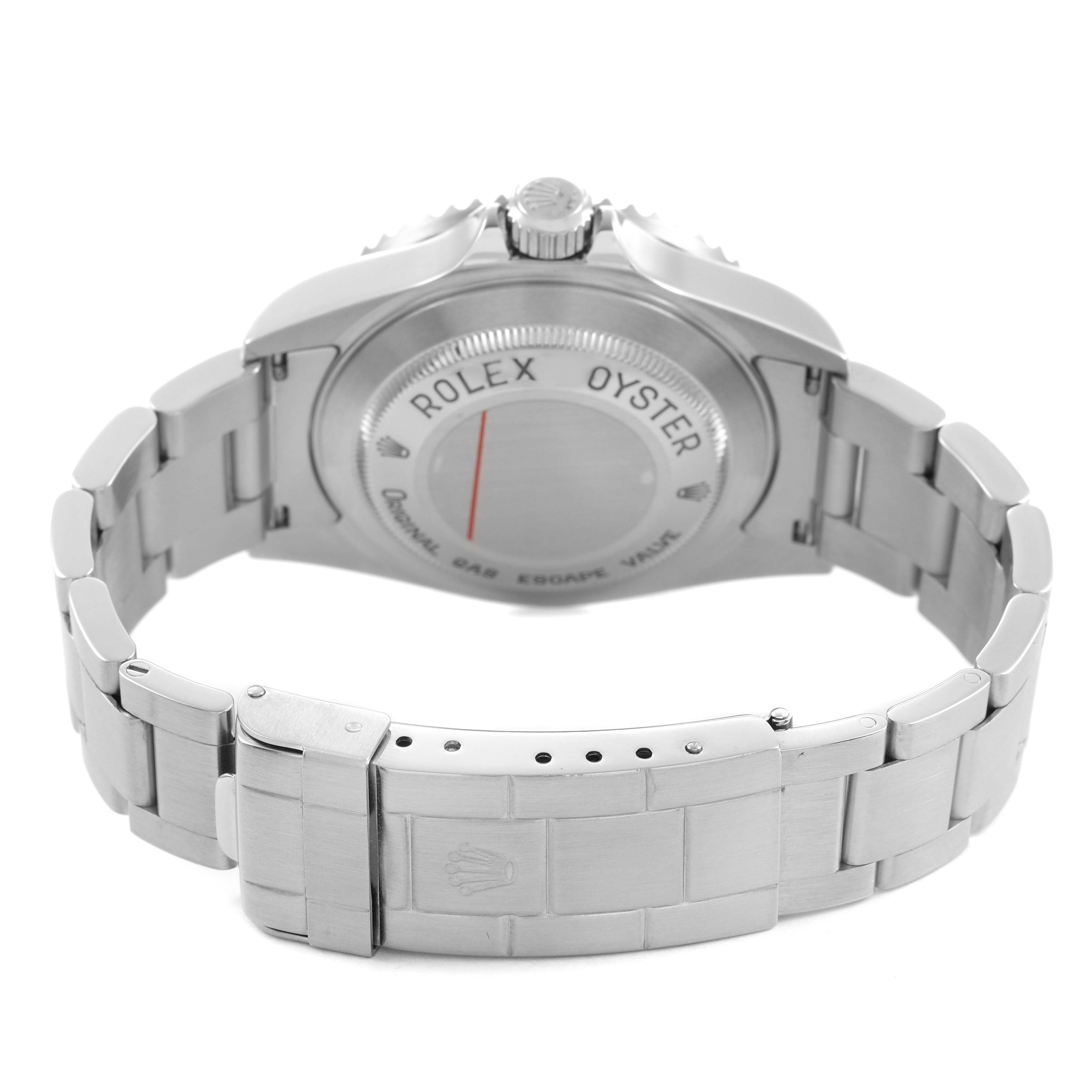 The image shows the back view of a Rolex Sea-Dweller 16600 Men's Stainless Steel Black Dial, highlighting the case back and bracelet.