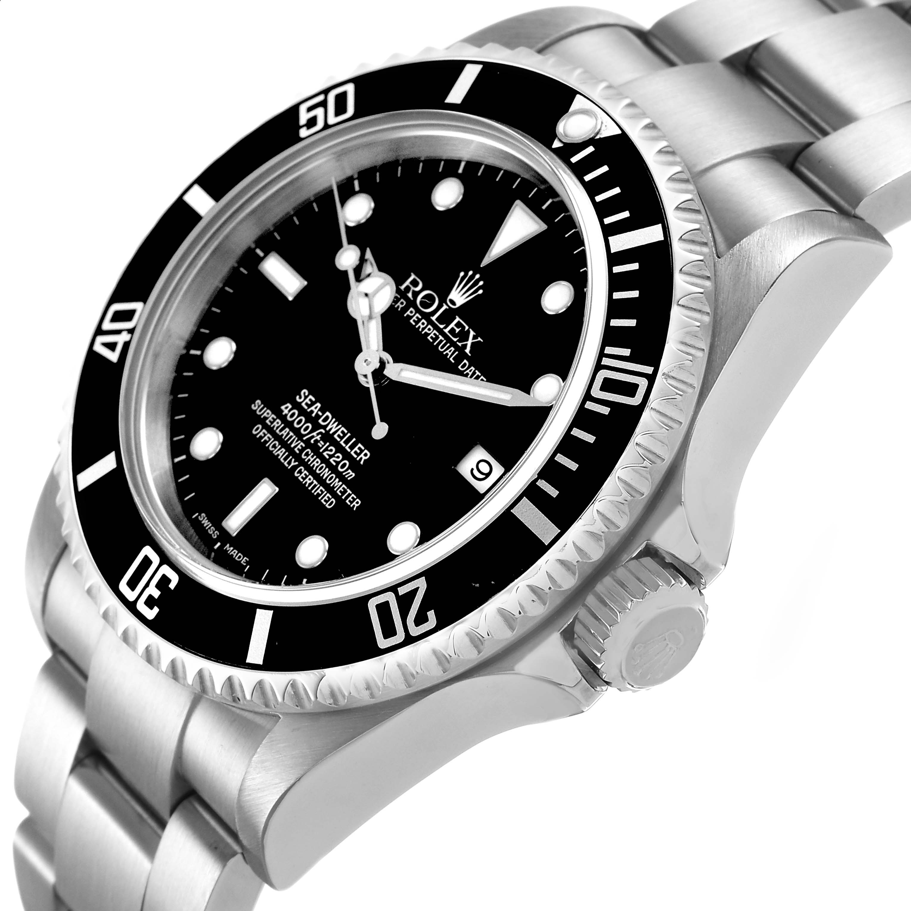 The Rolex Sea-Dweller 16600 Men's Stainless Steel Black Dial is shown at an angled side view, highlighting the dial, bezel, and bracelet.