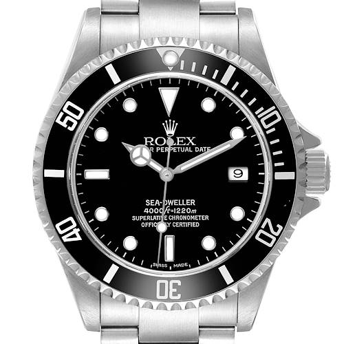 The Rolex Sea-Dweller 16600 Men's Stainless Steel Black Dial watch is shown from a front view, displaying the dial, bezel, crown, and bracelet.
