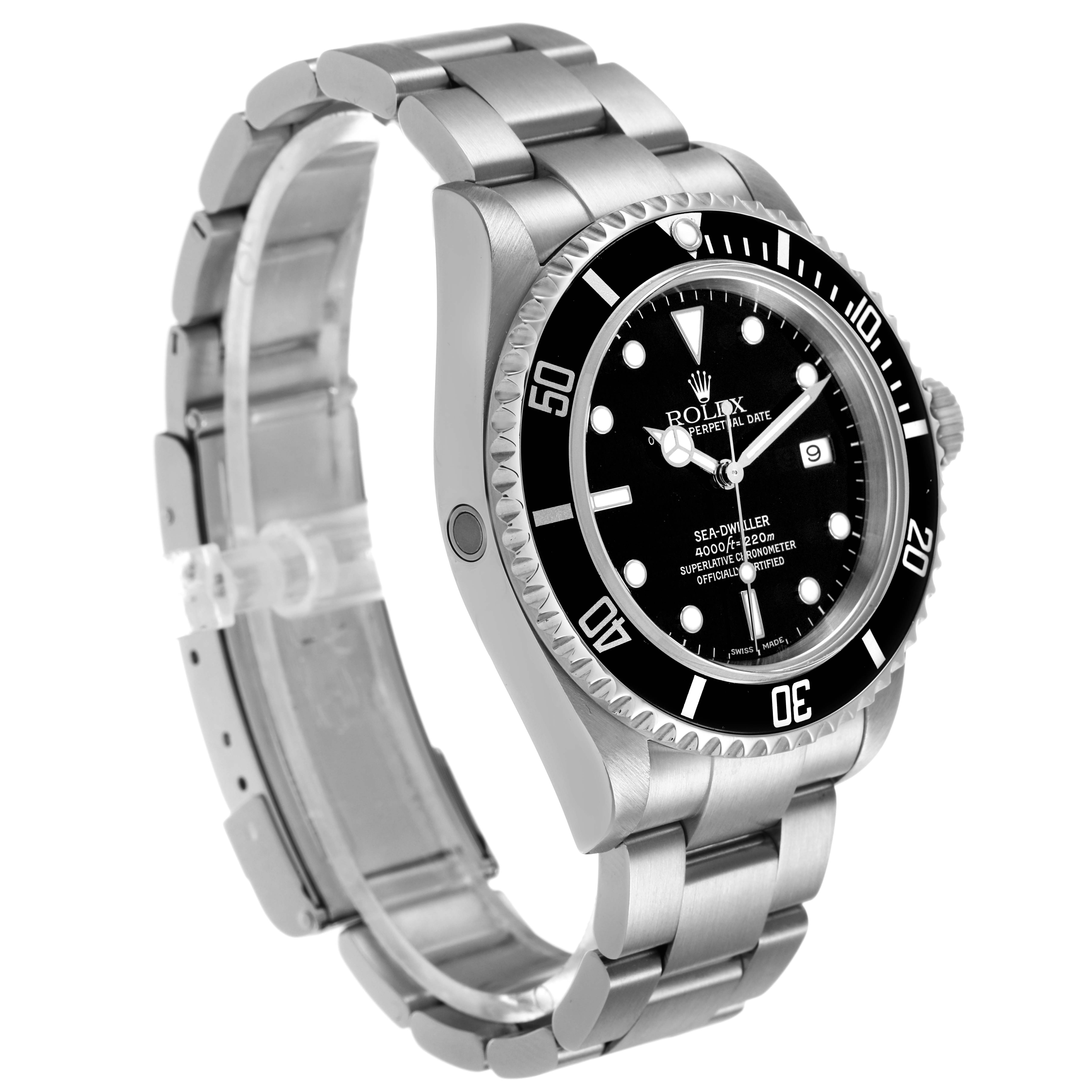 The Rolex Sea-Dweller 16600 Men's Stainless Steel Black Dial watch is shown at a three-quarter angle, highlighting the face, bezel, and stainless steel bracelet.