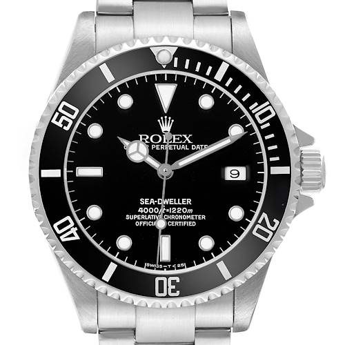 The image shows a front view of the Rolex Sea-Dweller 16600 Men's Stainless Steel Black Dial watch, highlighting its dial, bezel, and bracelet.
