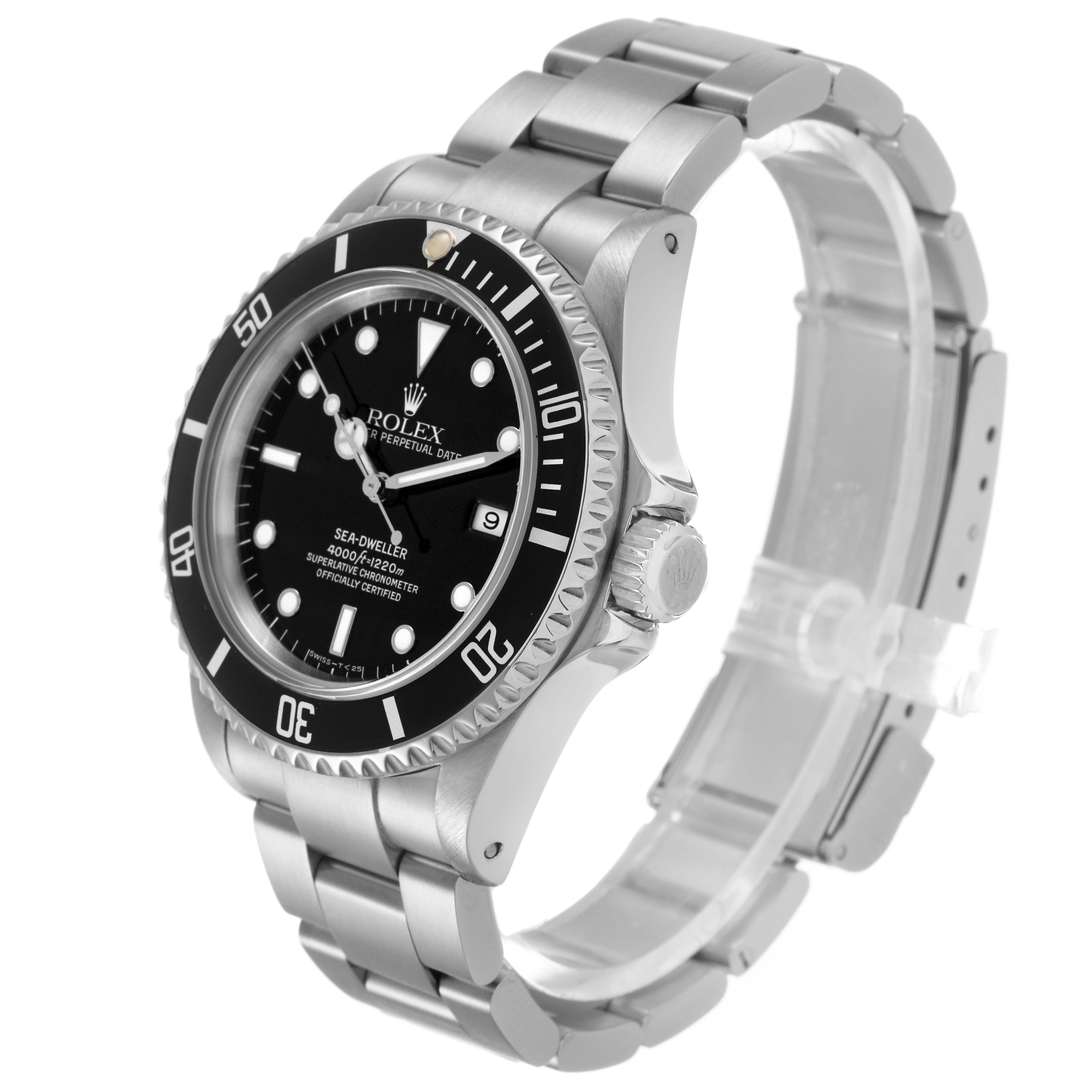 The Rolex Sea-Dweller 16600 Men's Stainless Steel Black Dial watch is shown at a three-quarters angle, highlighting the face, bezel, and bracelet.