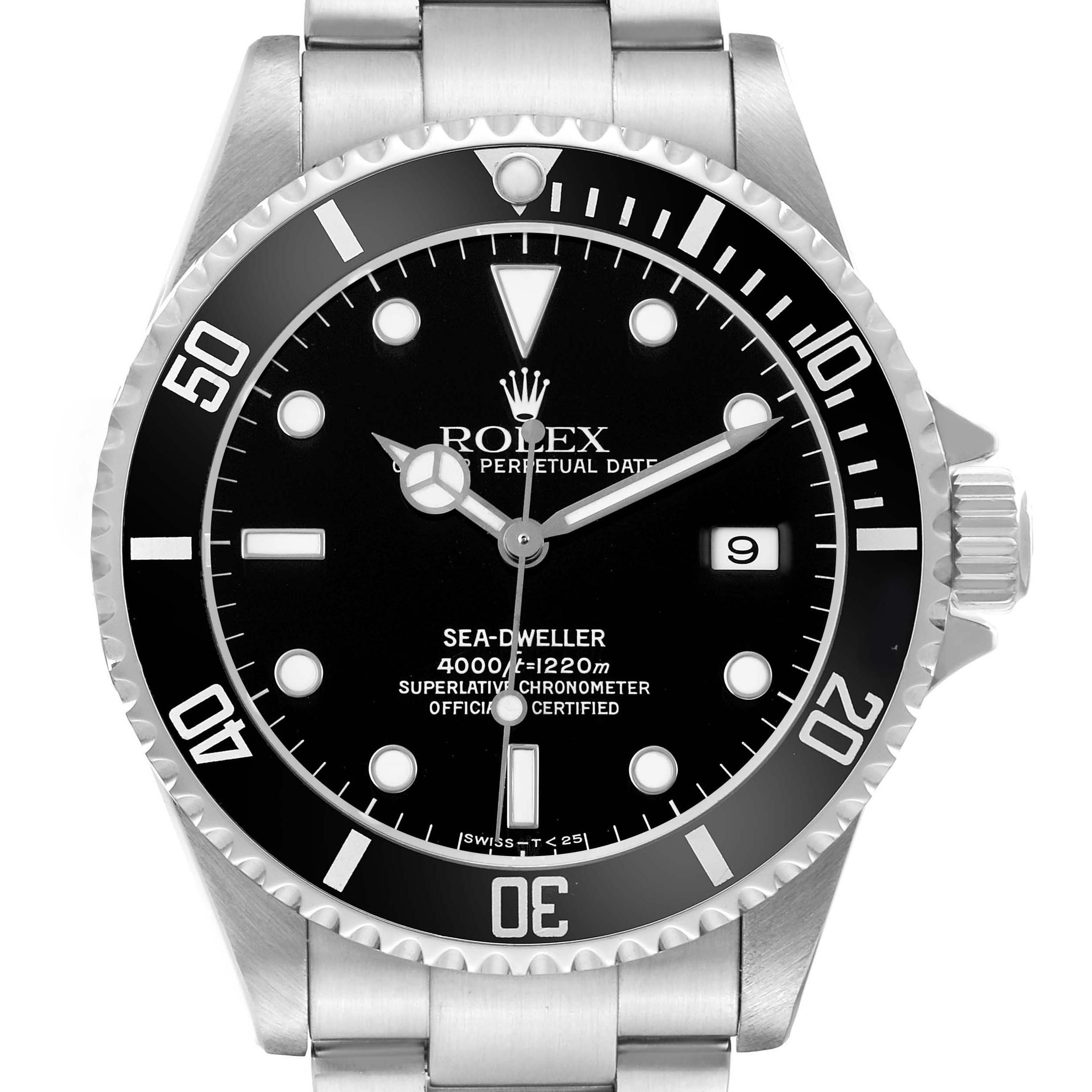 The Rolex Sea-Dweller 16600 Men's Stainless Steel Black Dial watch is shown from the front, displaying the dial, bezel, hands, and bracelet.