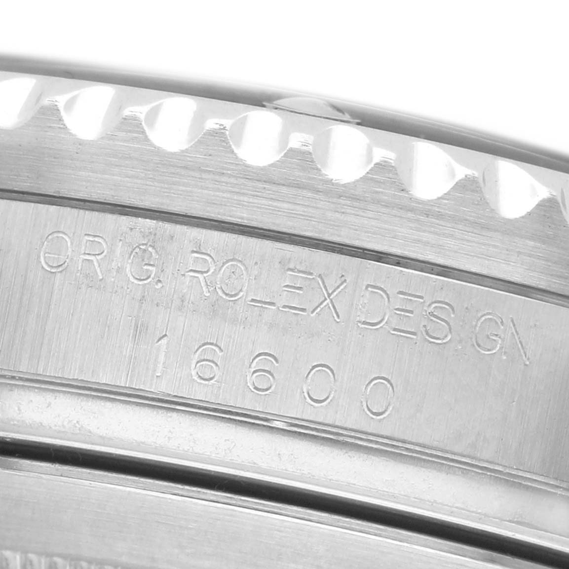 The image shows the side view of the Rolex Sea-Dweller 16600 Men's Stainless Steel Black Dial's engraved case, displaying model number 16600.