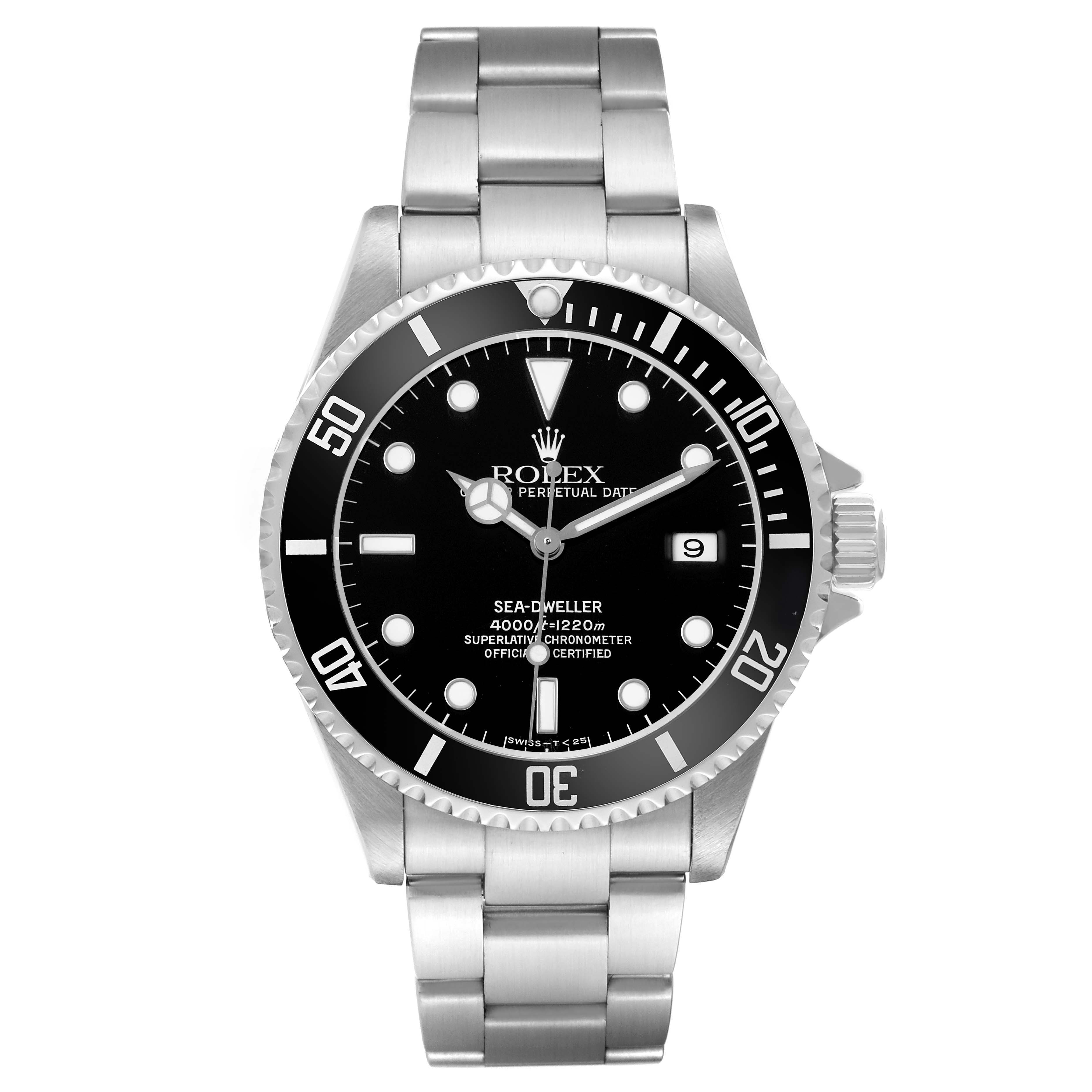 The Rolex Sea-Dweller 16600 Men's Stainless Steel Black Dial watch is shown from a front angle, highlighting its dial, bezel, and stainless steel bracelet.