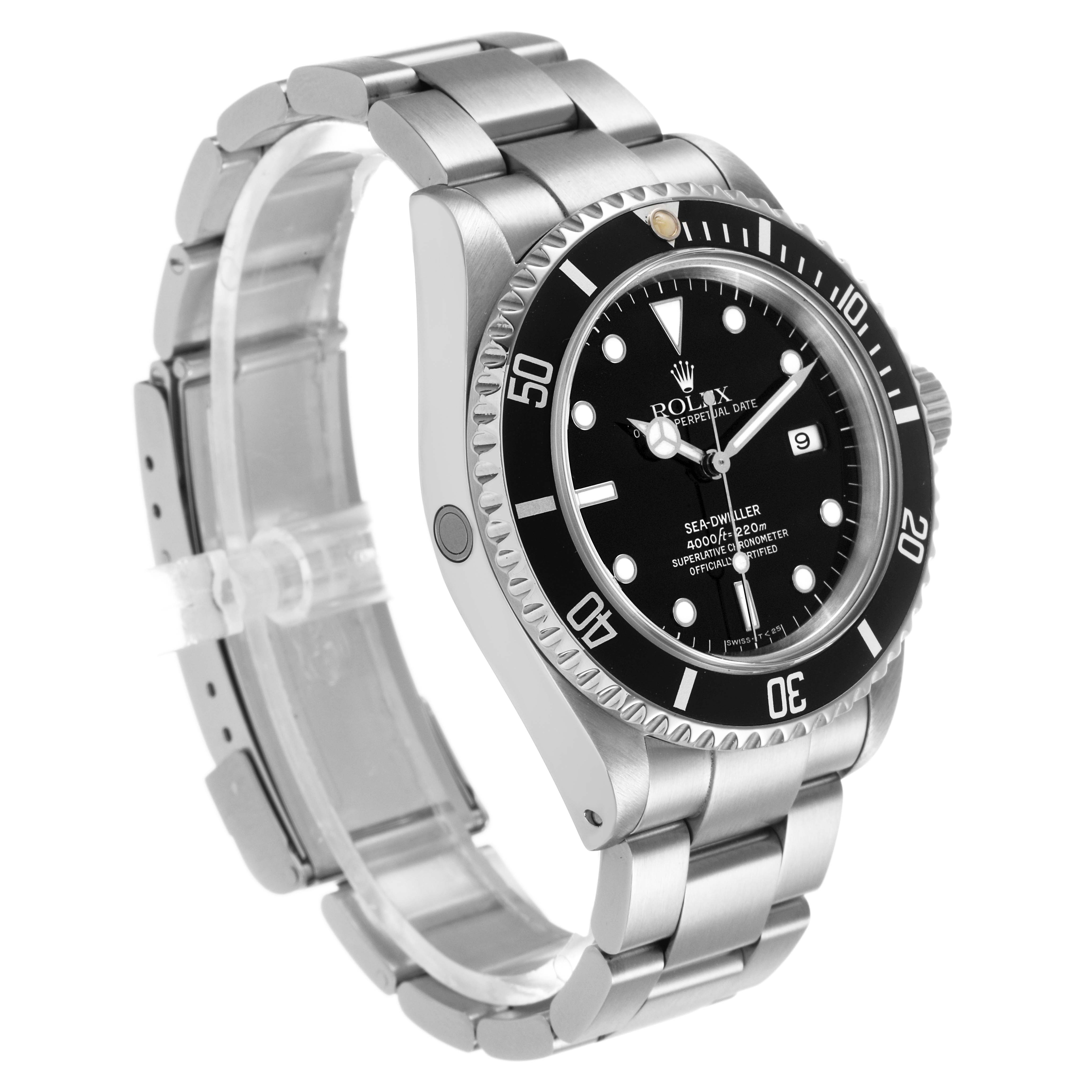 The Rolex Sea-Dweller 16600 Men's Stainless Steel Black Dial is shown at a slight left-side angle, displaying the face, bezel, crown, and part of the bracelet.