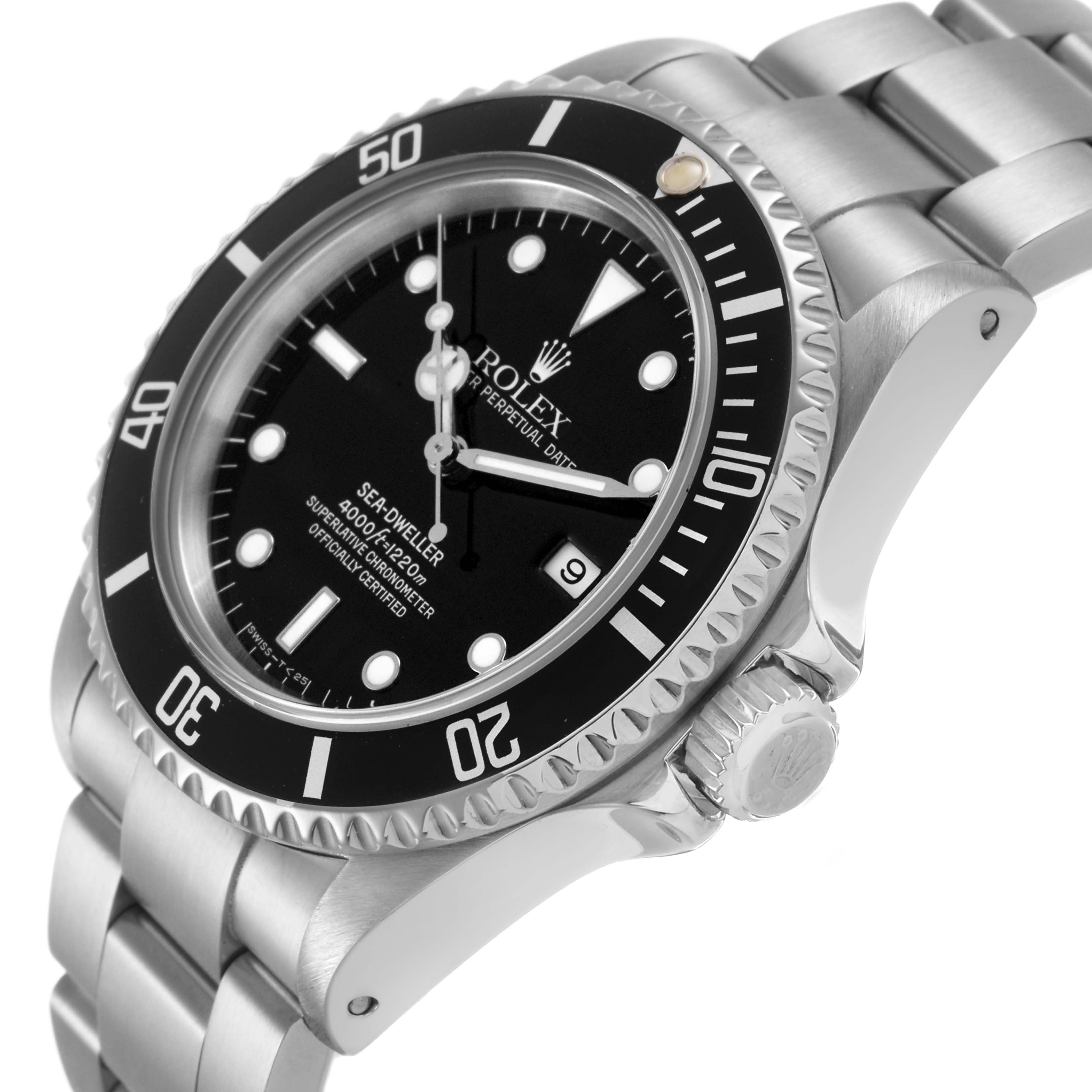 The Rolex Sea-Dweller 16600 Men's Stainless Steel Black Dial watch is shown from a side angle, highlighting the bezel, crown, and bracelet.
