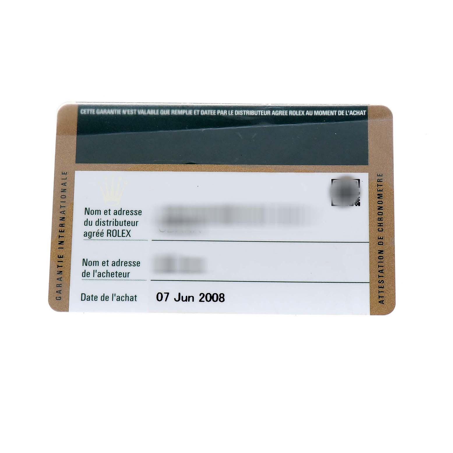 The image shows the warranty card for a Rolex Sea-Dweller 16600 Men's Stainless Steel Black Dial watch, including purchase details and dealer information.