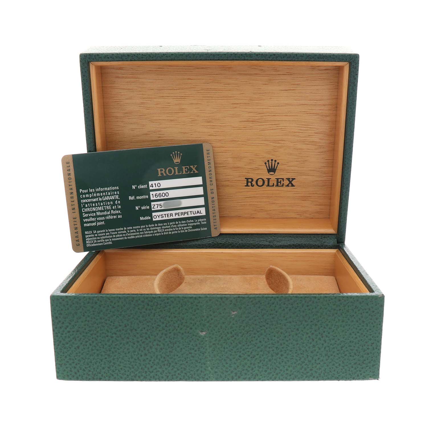 The image shows an open Rolex Sea-Dweller 16600 Men's Stainless Steel Black Dial box with an authenticity card angled inside.