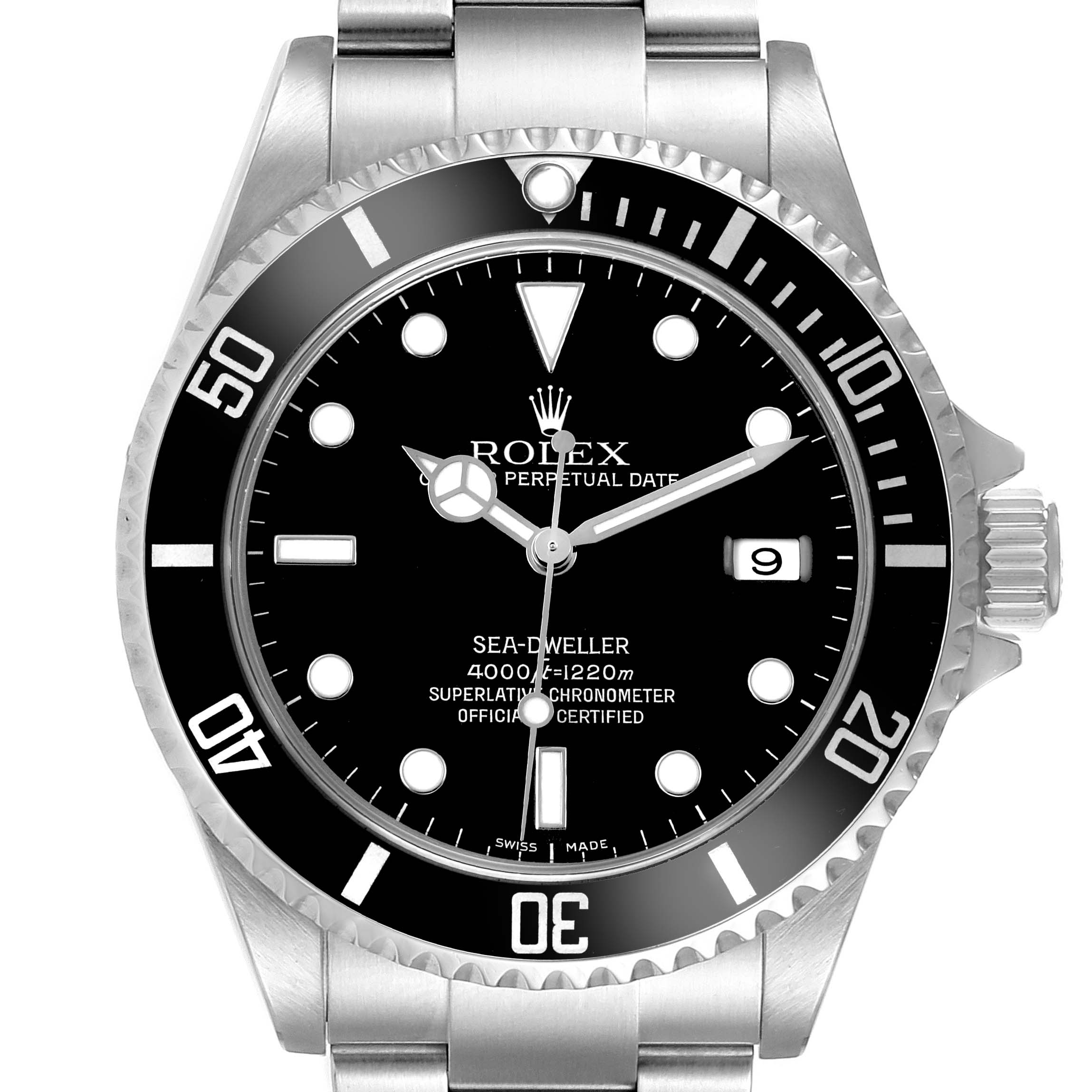 The Rolex Sea-Dweller 16600 Men's Stainless Steel Black Dial watch is shown from the front, highlighting the black dial, bezel, and bracelet.
