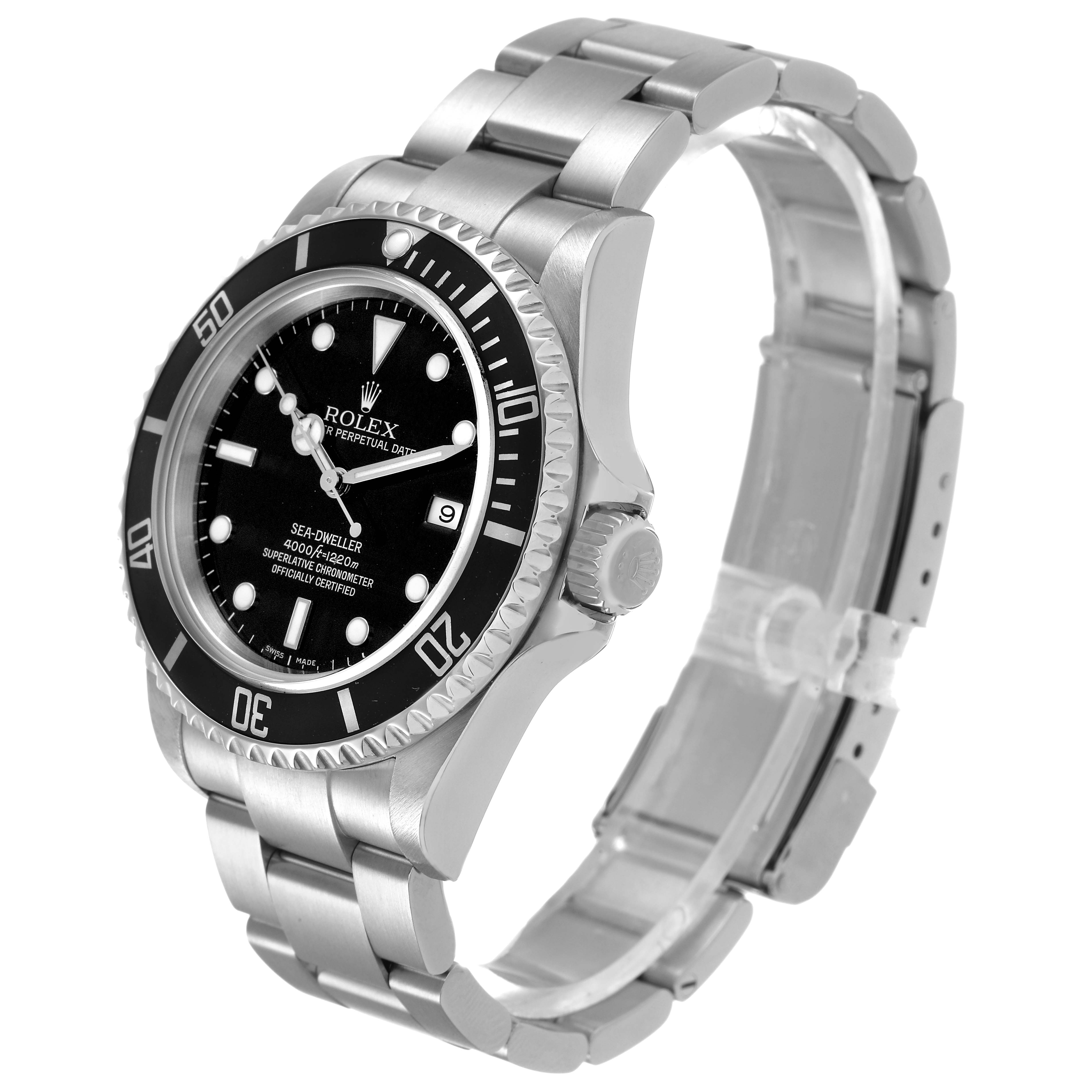 The Rolex Sea-Dweller 16600 Men's Stainless Steel Black Dial is shown at a three-quarter angle displaying the watch face, bezel, crown, and part of the bracelet.