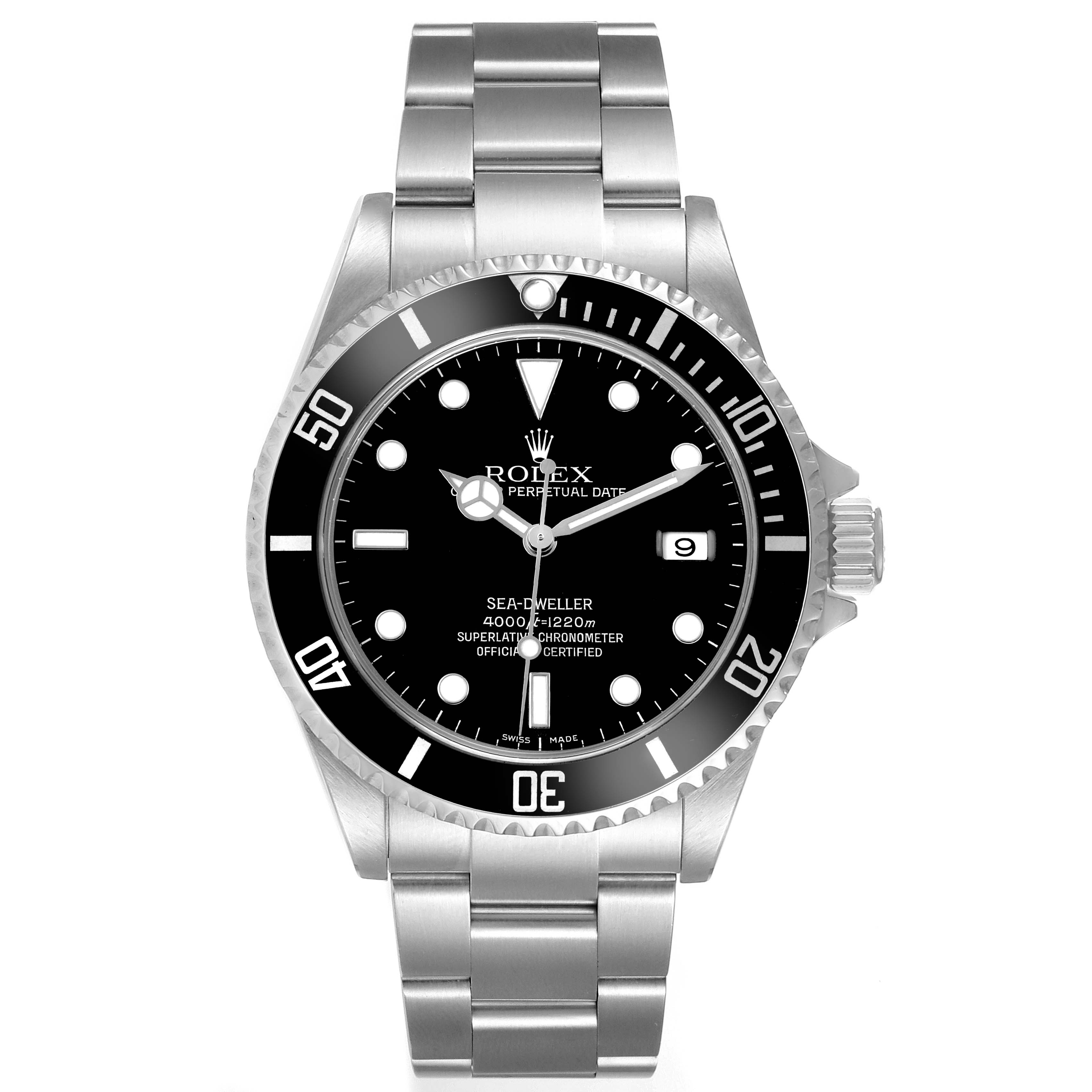 The image shows a front view of a Rolex Sea-Dweller 16600 Men's Stainless Steel Black Dial, highlighting the dial, bezel, and bracelet.