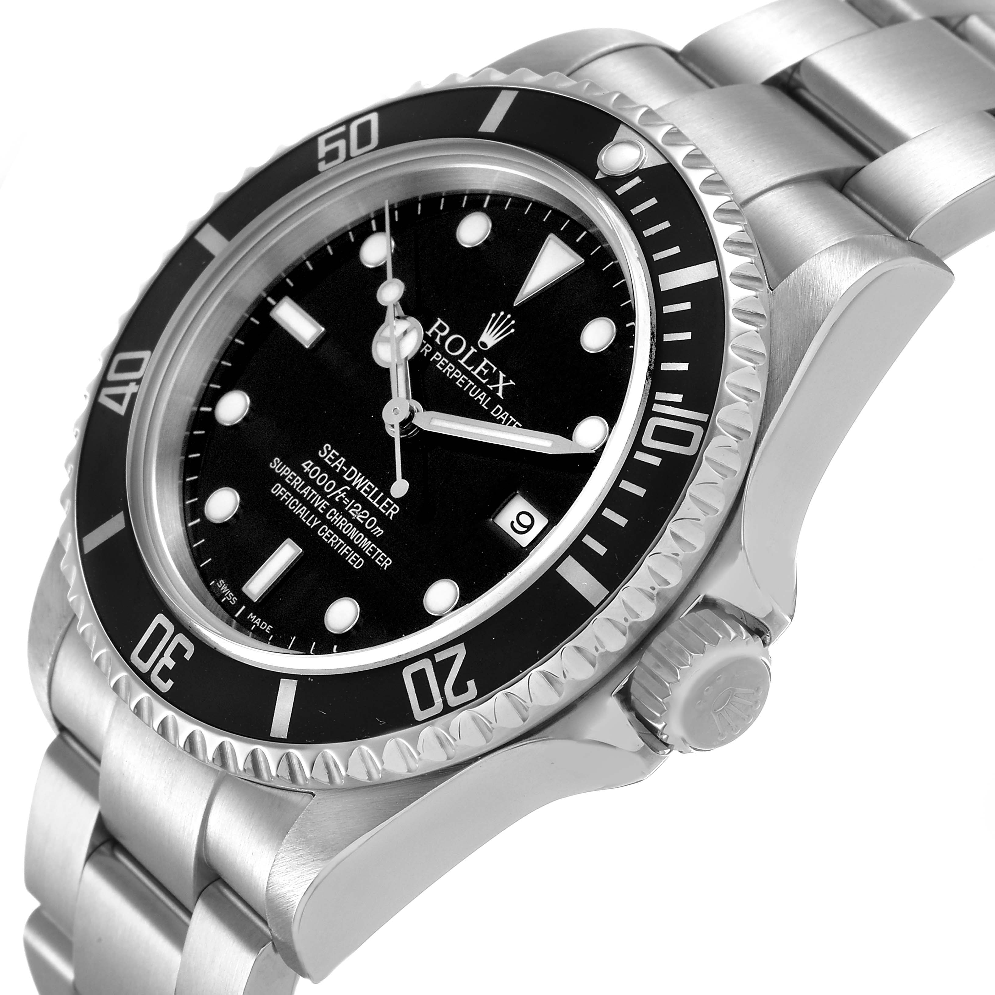 The Rolex Sea-Dweller 16600 Men's Stainless Steel Black Dial watch is shown at an oblique angle, displaying its face, bezel, crown, and part of the bracelet.