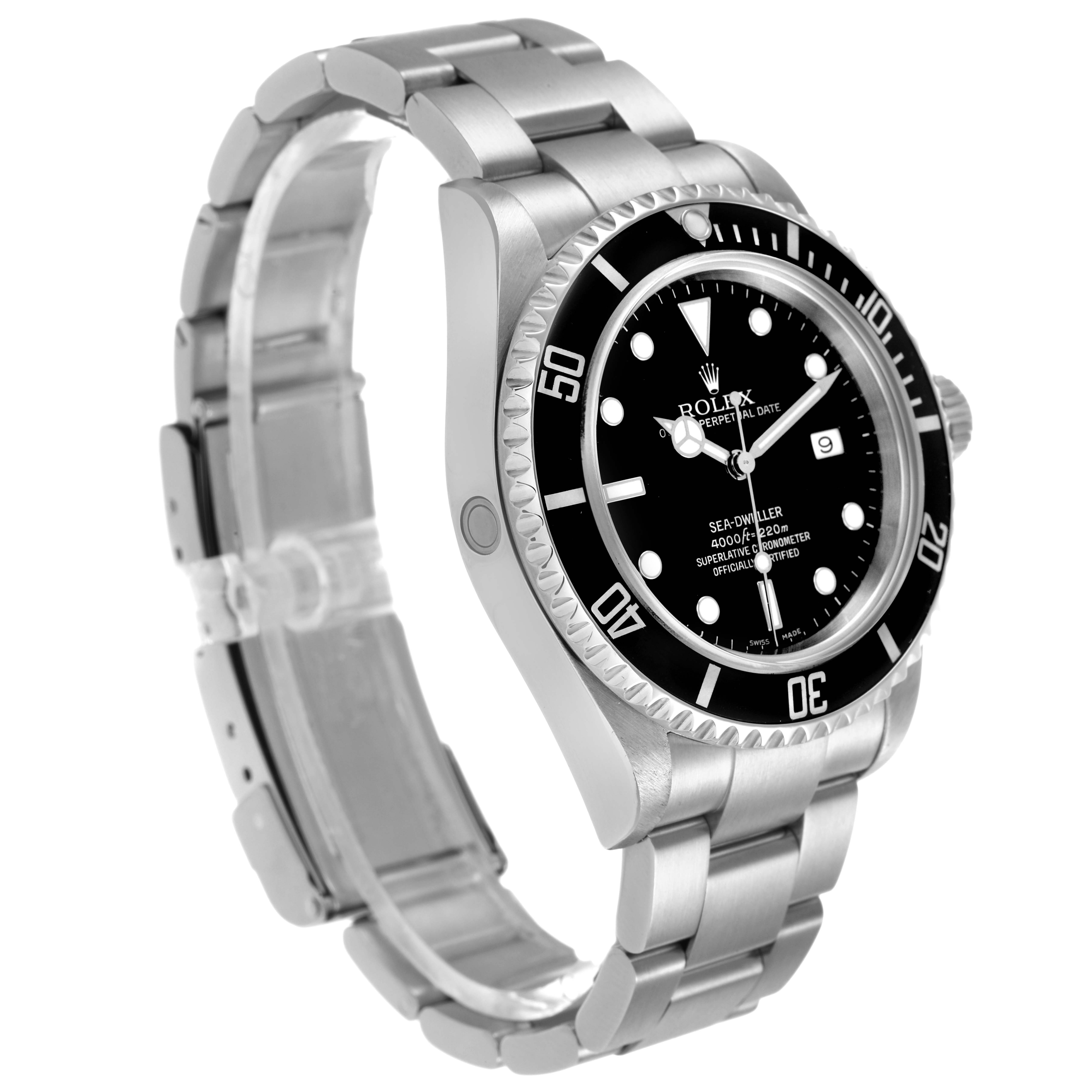 The Rolex Sea-Dweller 16600 Men's Stainless Steel Black Dial is shown at a three-quarter angle displaying its bezel, dial, and bracelet.