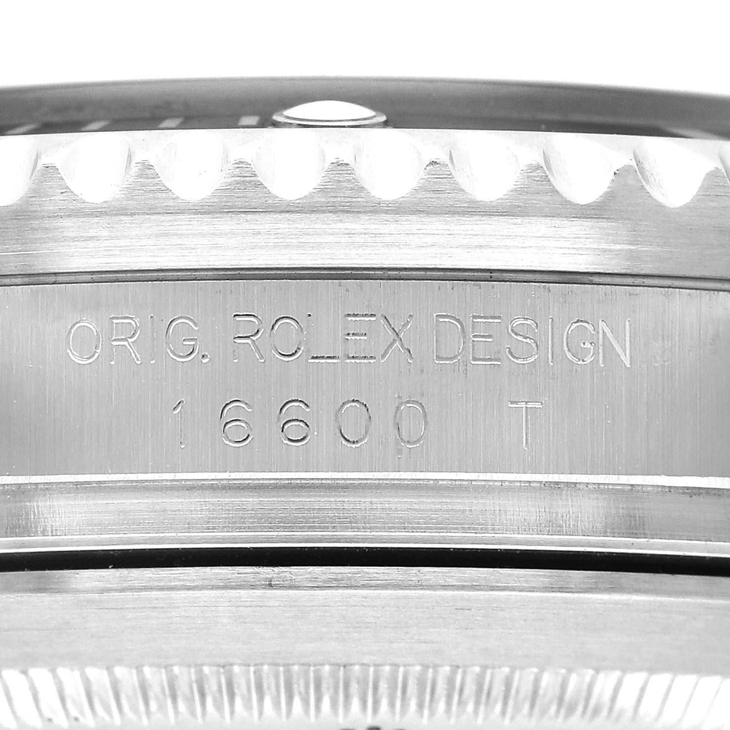 The image shows the side engraving on the case of a Rolex Sea-Dweller 16600 Men's Stainless Steel Black Dial model.