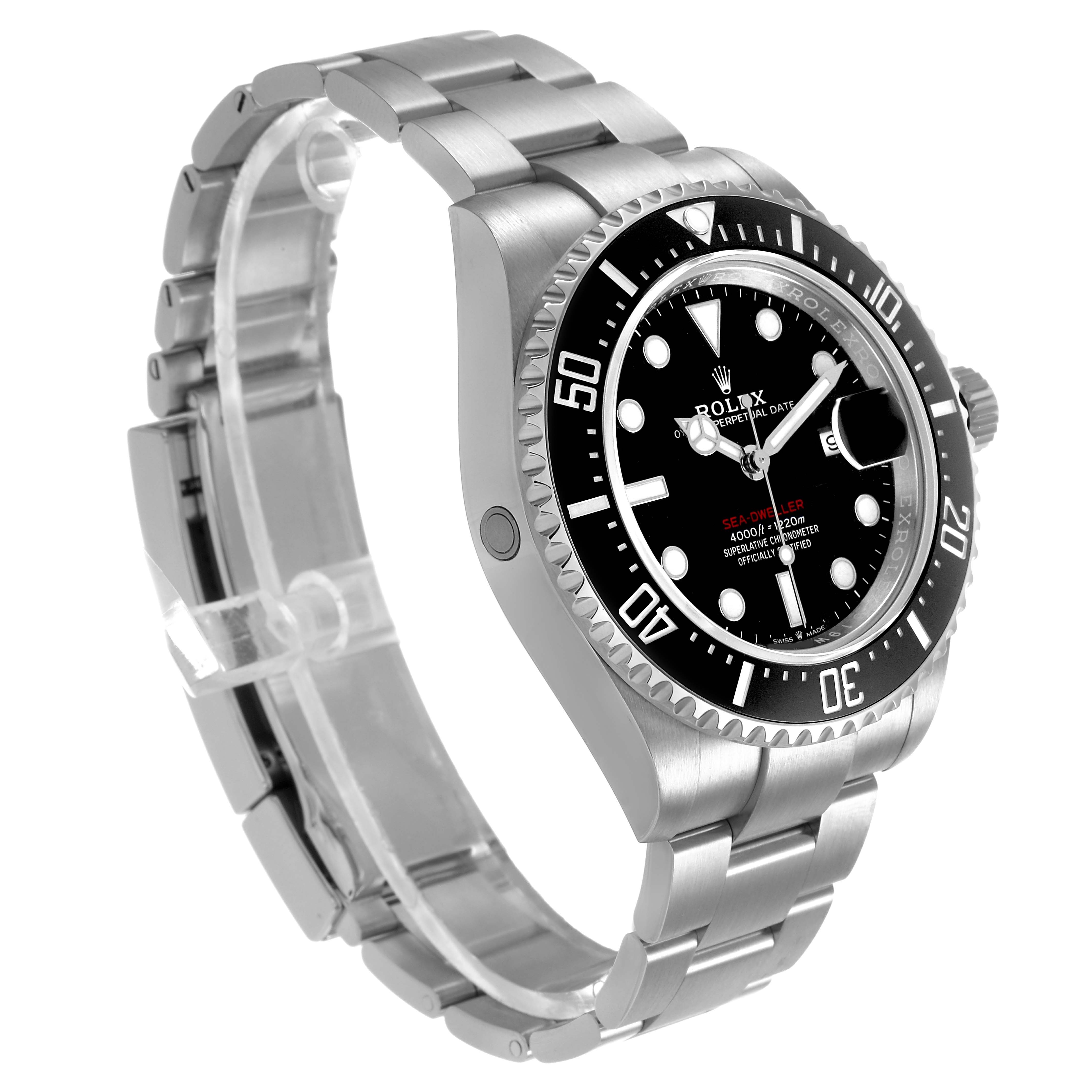 The Rolex Sea-Dweller 126600 Men's Stainless Steel Black Dial is shown from a three-quarter angle, highlighting the bezel, dial, bracelet, and crown.